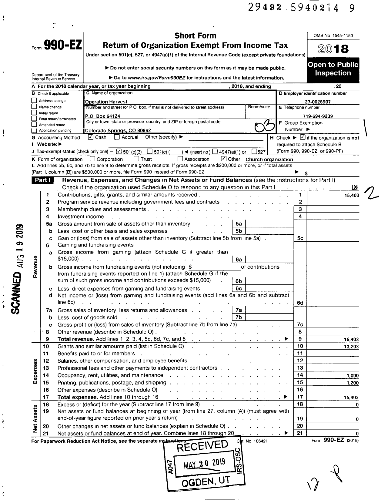 Image of first page of 2018 Form 990EZ for Operation Harvest