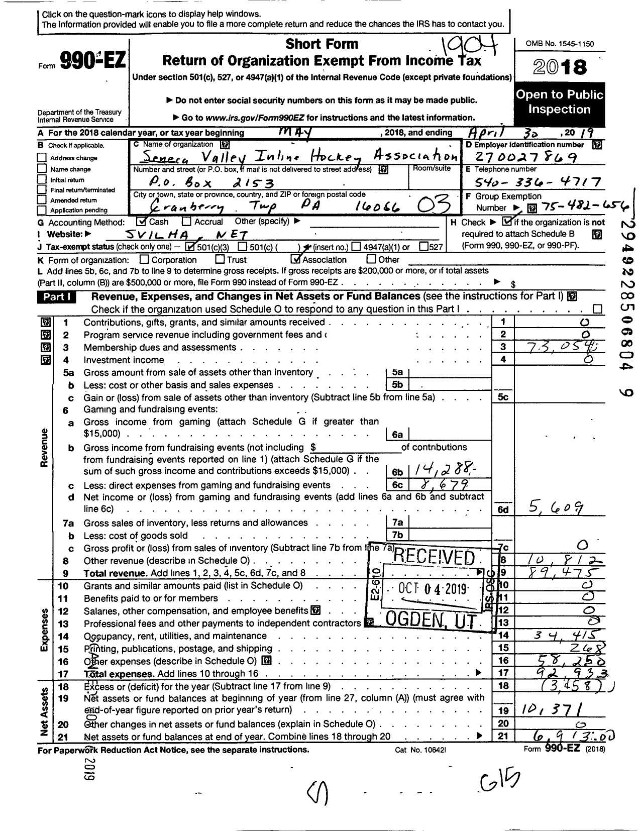 Image of first page of 2018 Form 990EZ for Seneca Valley In-Line Hockey