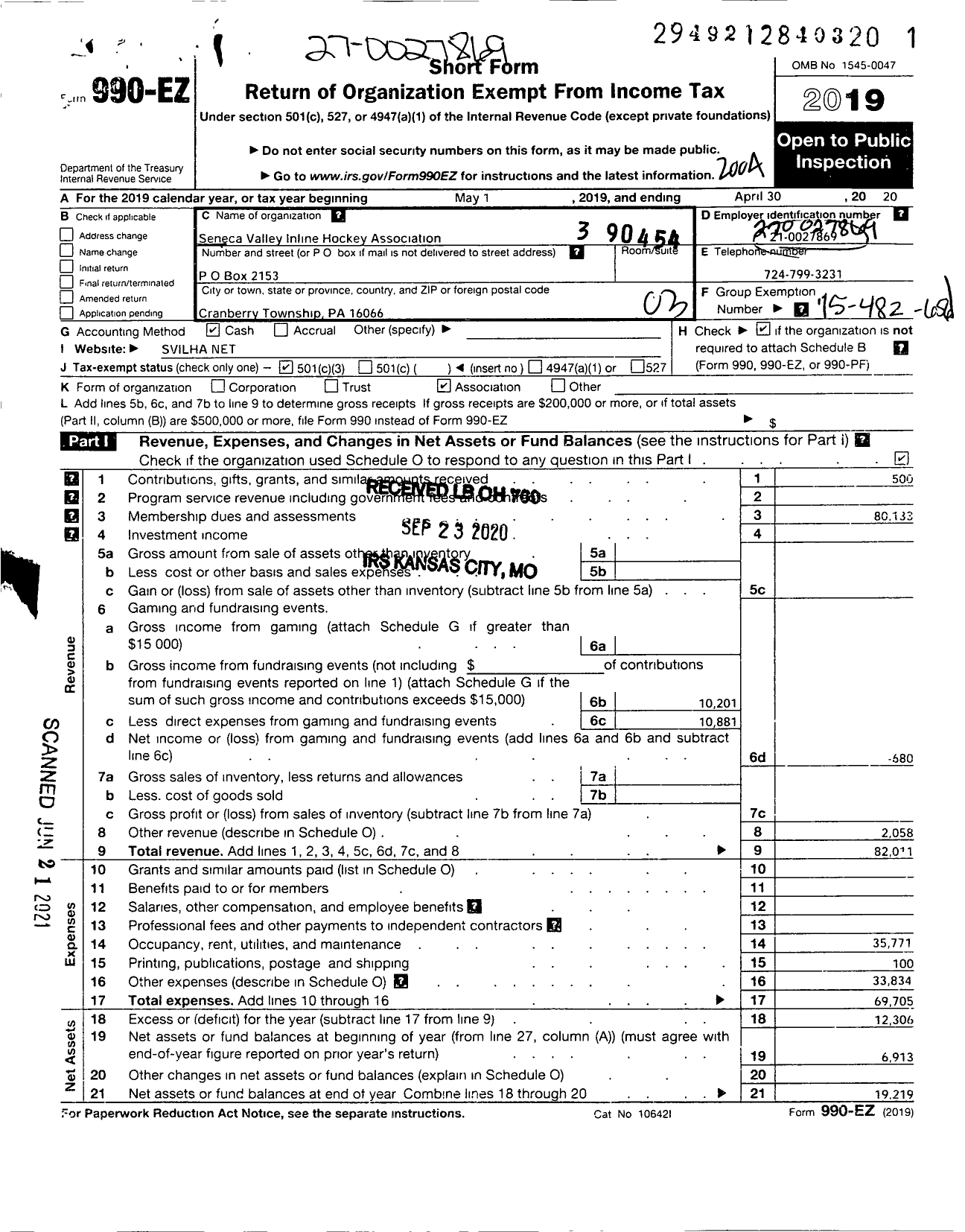 Image of first page of 2019 Form 990EZ for Seneca Valley In-Line Hockey