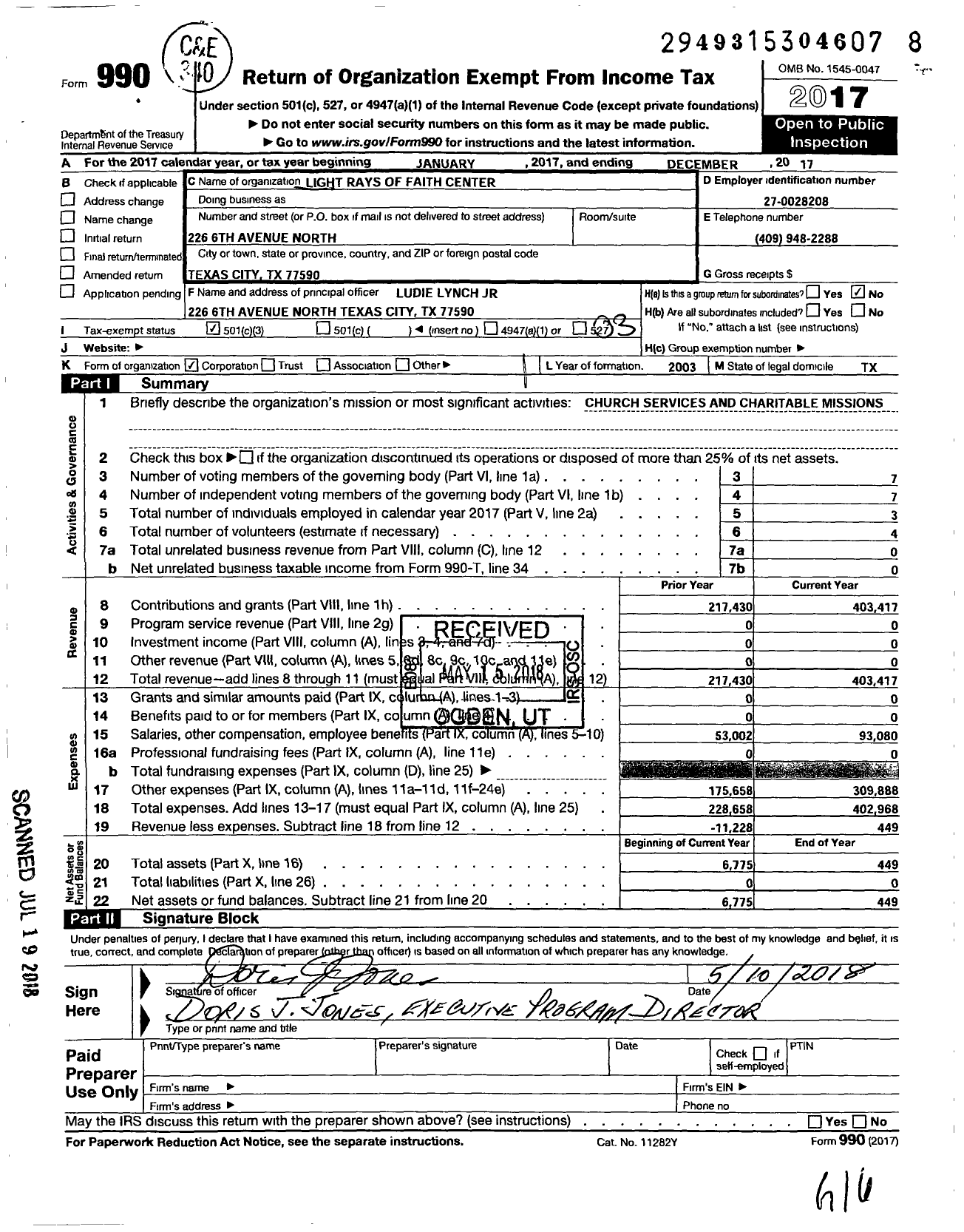 Image of first page of 2017 Form 990 for Light Rays of Faith Center