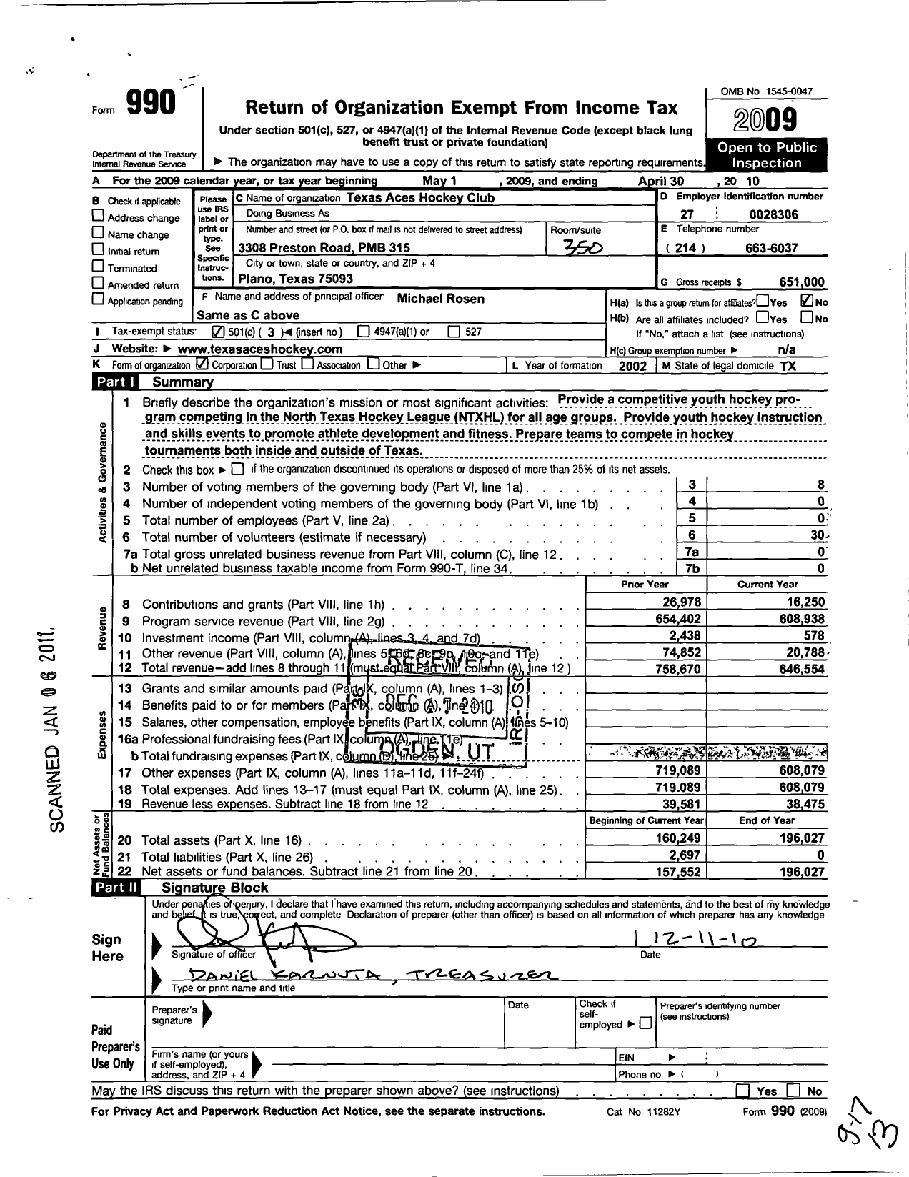 Image of first page of 2009 Form 990 for Texas Aces Hockey Club