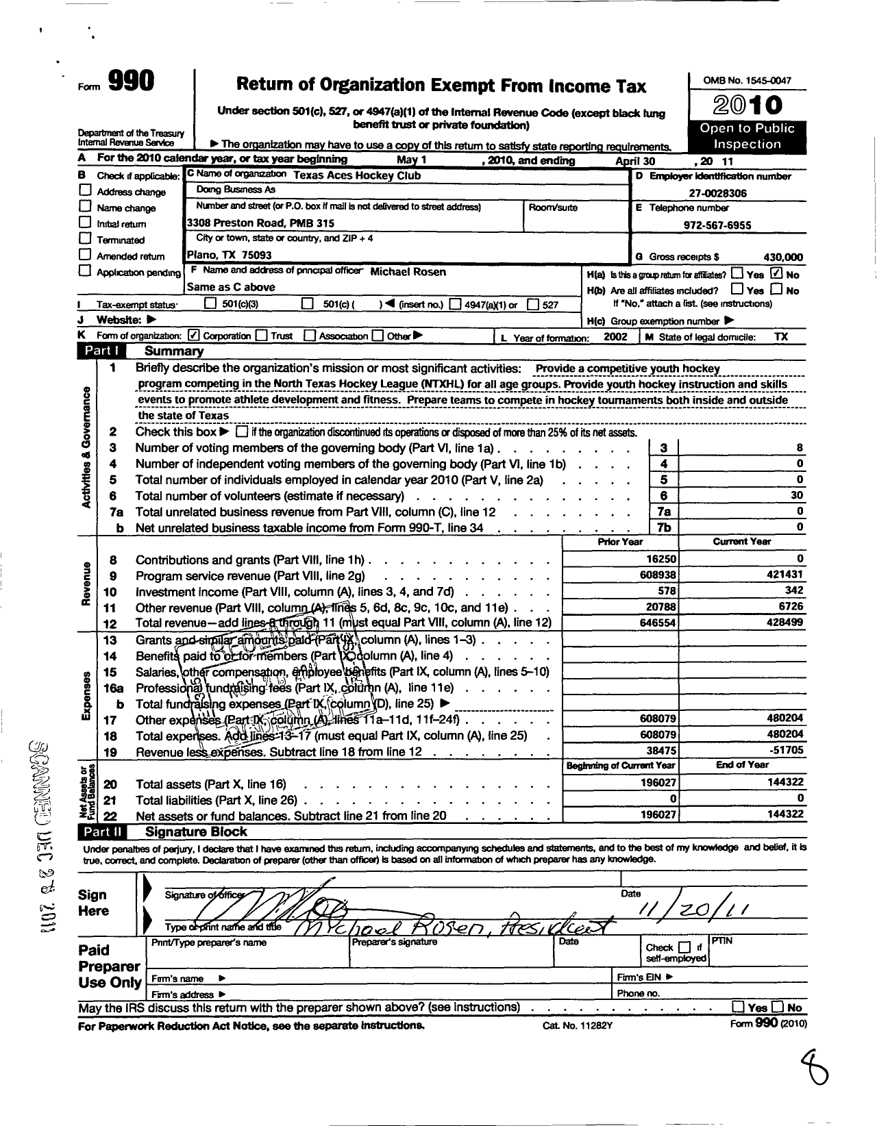 Image of first page of 2010 Form 990O for Texas Aces Hockey Club