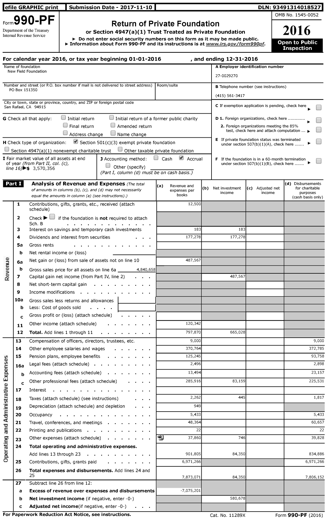 Image of first page of 2016 Form 990PF for New Field Foundation