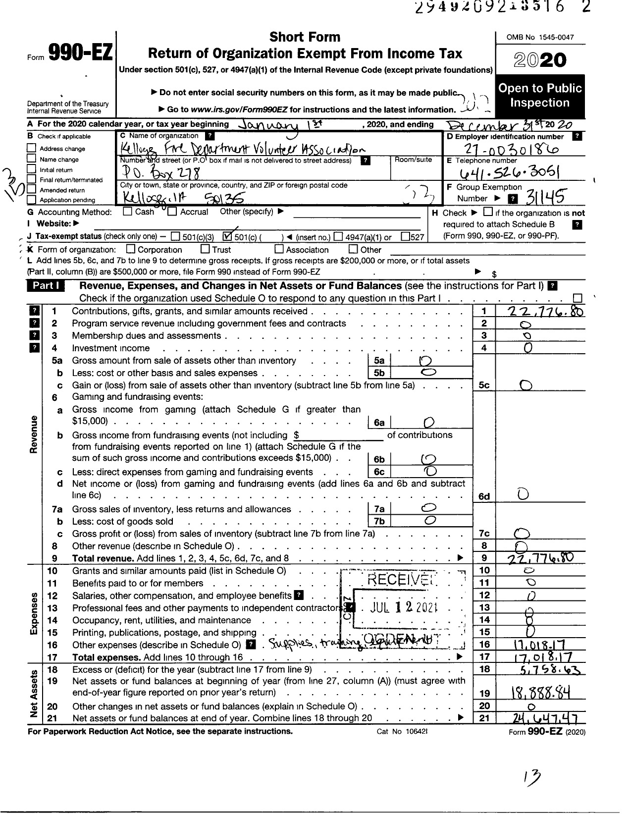 Image of first page of 2020 Form 990EZ for KELLOGG FIRE DEPartmenT Volunteers ASSOCIATION