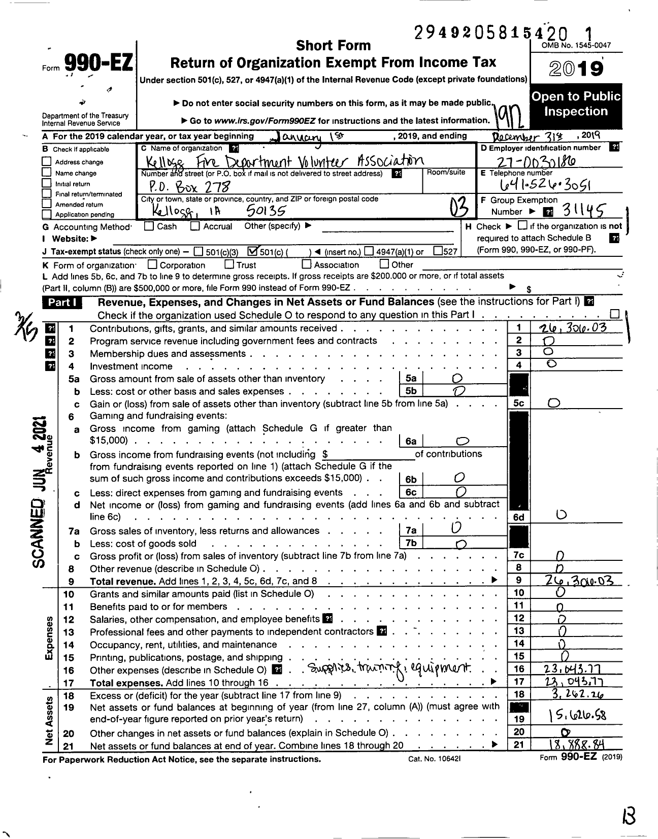 Image of first page of 2019 Form 990EZ for KELLOGG FIRE DEPartmenT Volunteers ASSOCIATION