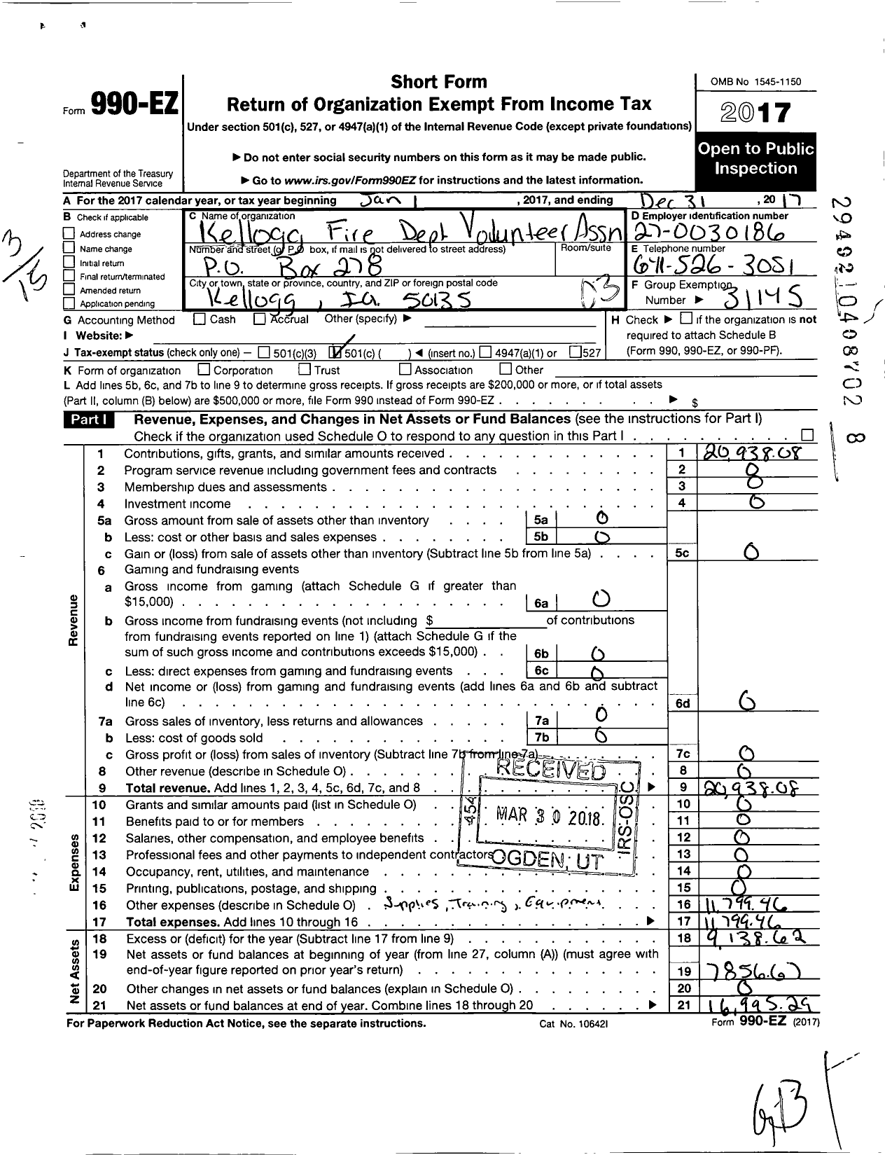 Image of first page of 2017 Form 990EZ for KELLOGG FIRE DEPartmenT Volunteers ASSOCIATION