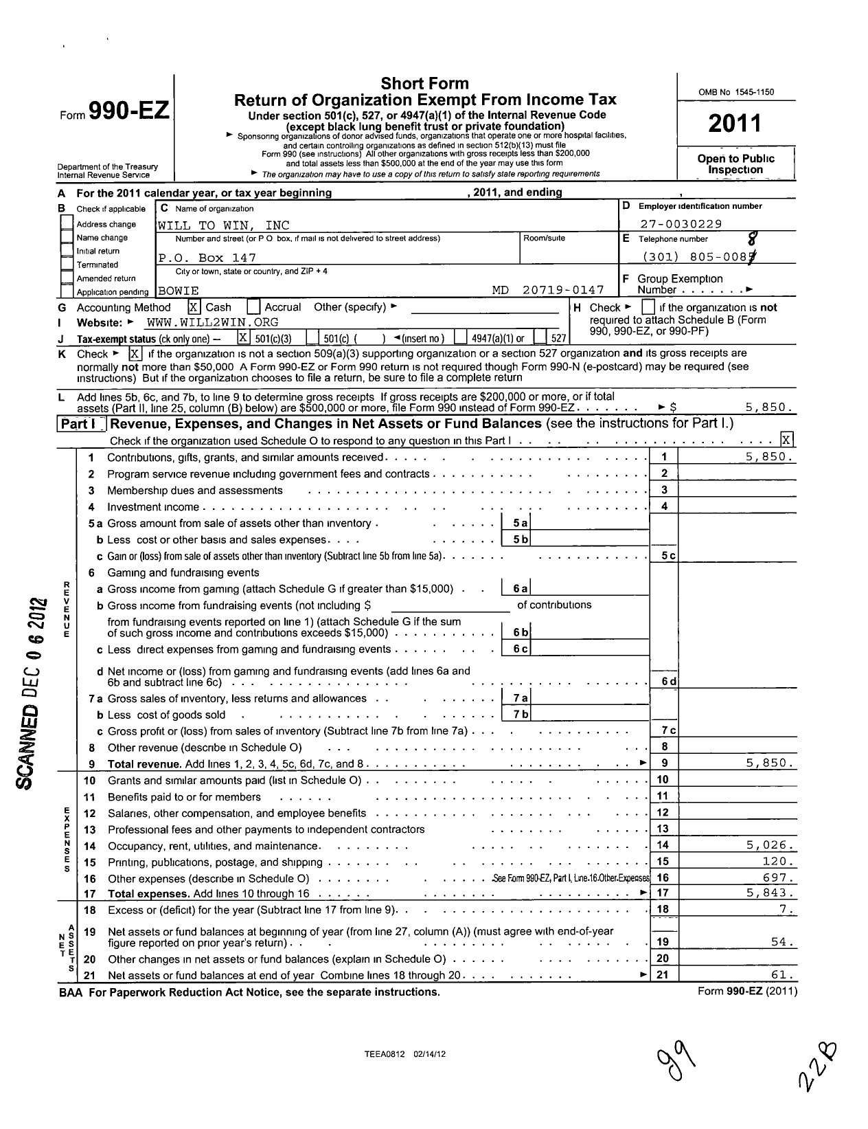 Image of first page of 2011 Form 990EZ for Will To Win