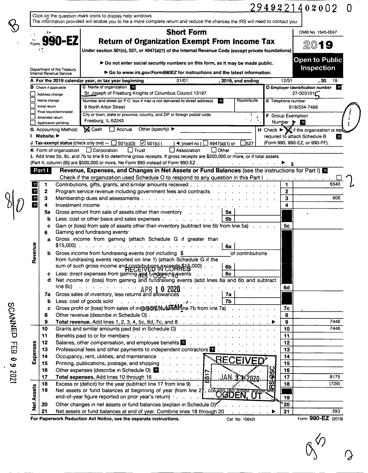 Image of first page of 2019 Form 990EO for Knights of Columbus - 13197 St Joseph of Freeburg