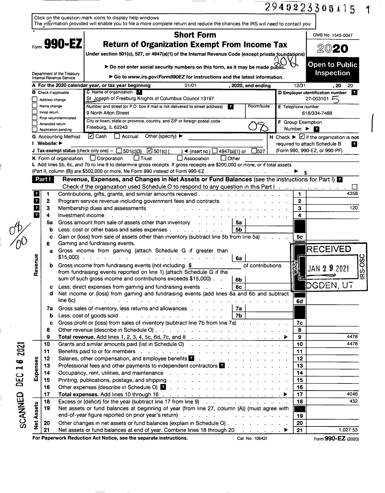 Image of first page of 2020 Form 990EO for Knights of Columbus - 13197 St Joseph of Freeburg