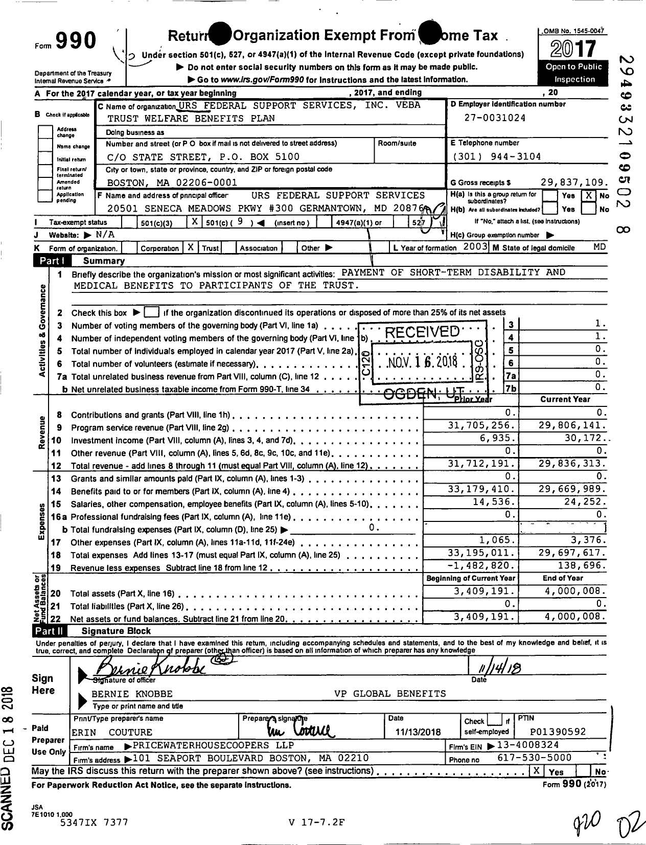 Image of first page of 2017 Form 990O for Urs Federal Support Services Veba Trust Welfare Benefits Plan