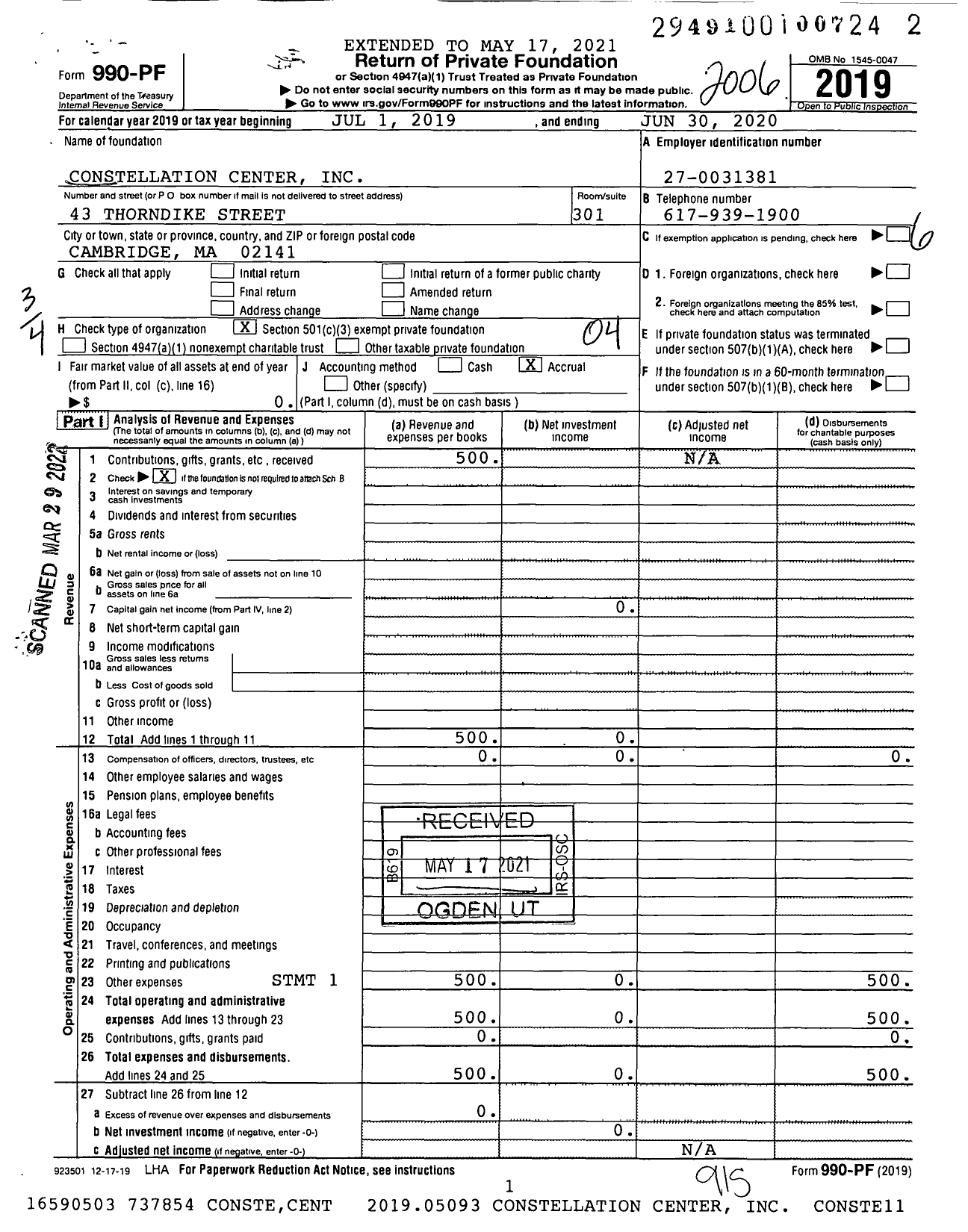 Image of first page of 2019 Form 990PF for Constellation Center