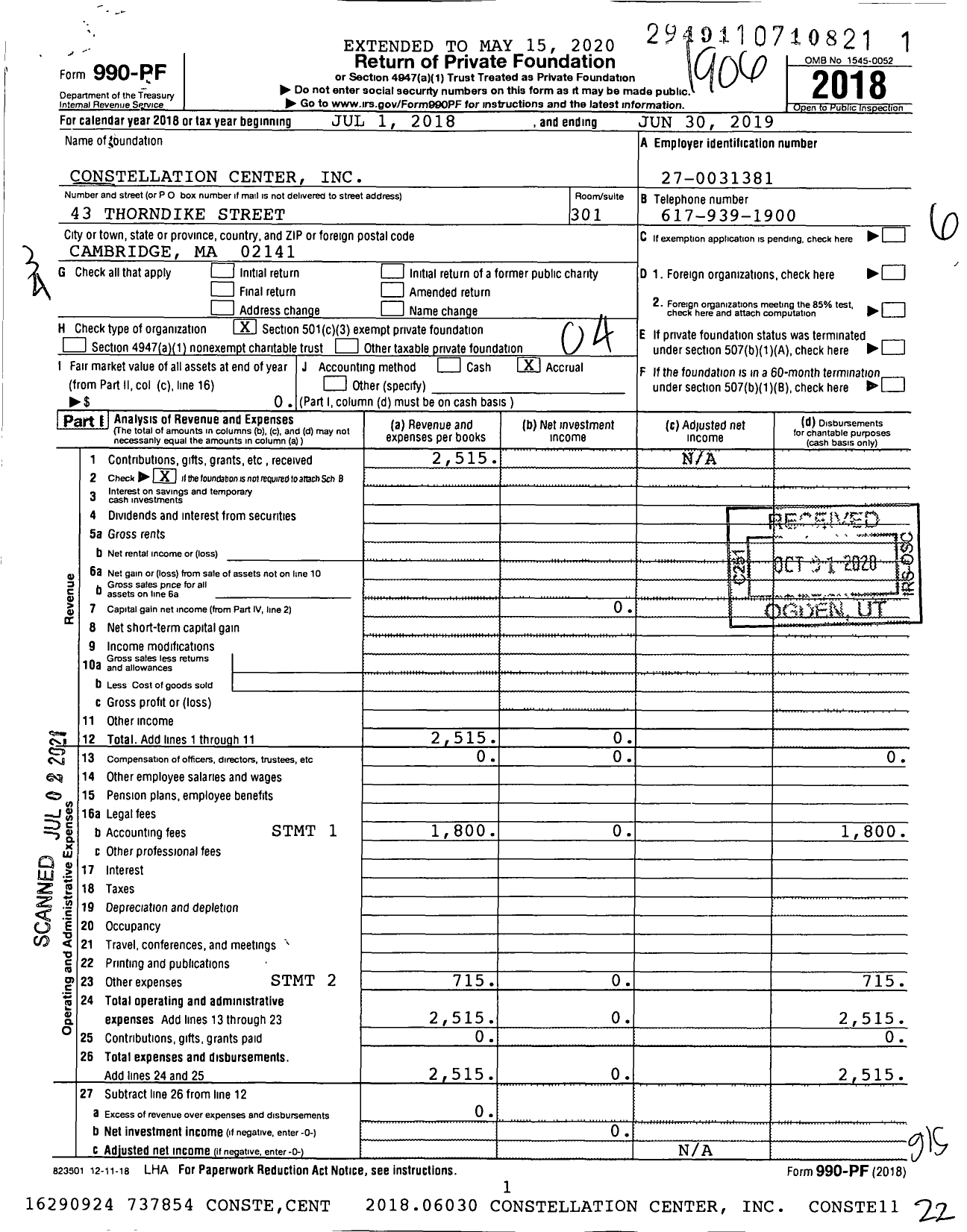 Image of first page of 2018 Form 990PF for Constellation Center