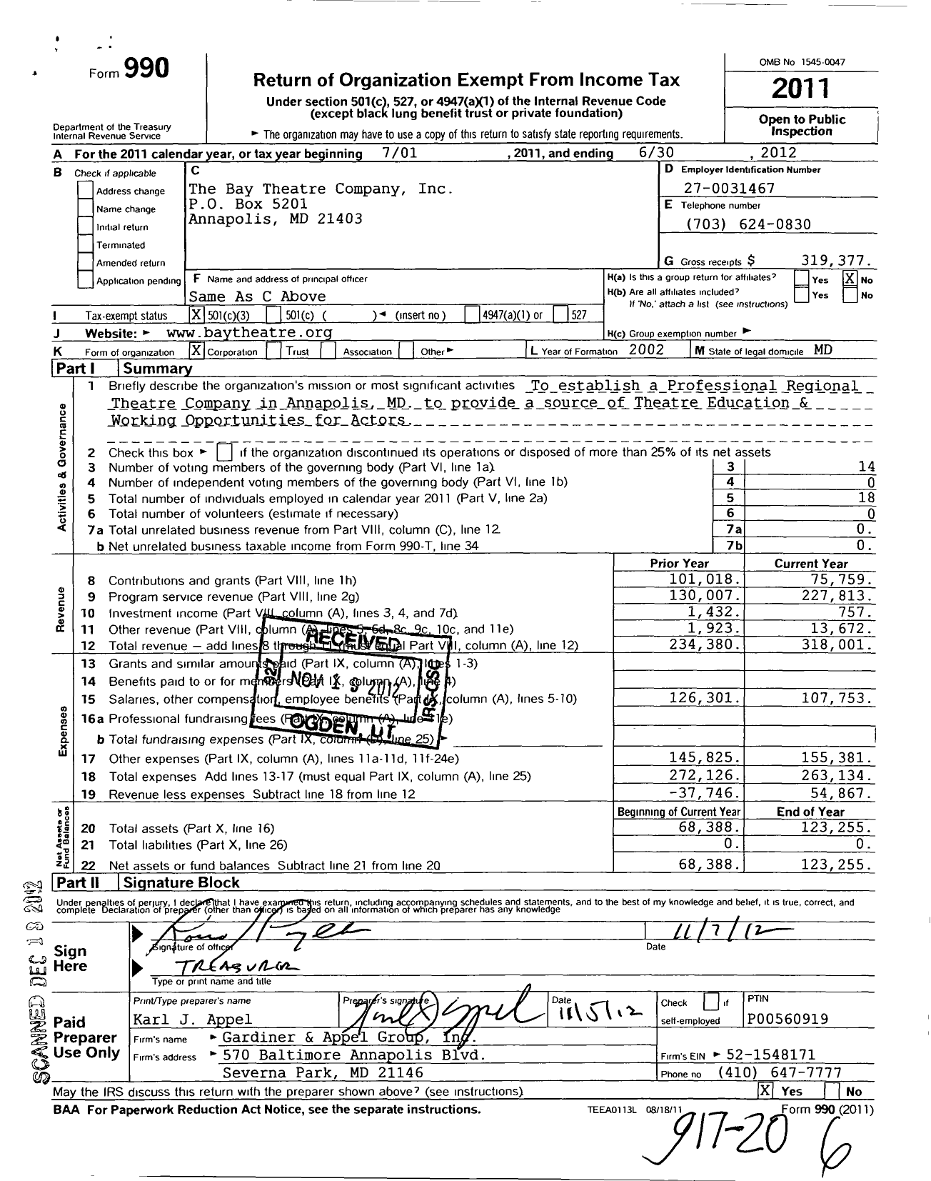 Image of first page of 2011 Form 990 for Bay Theatre Company