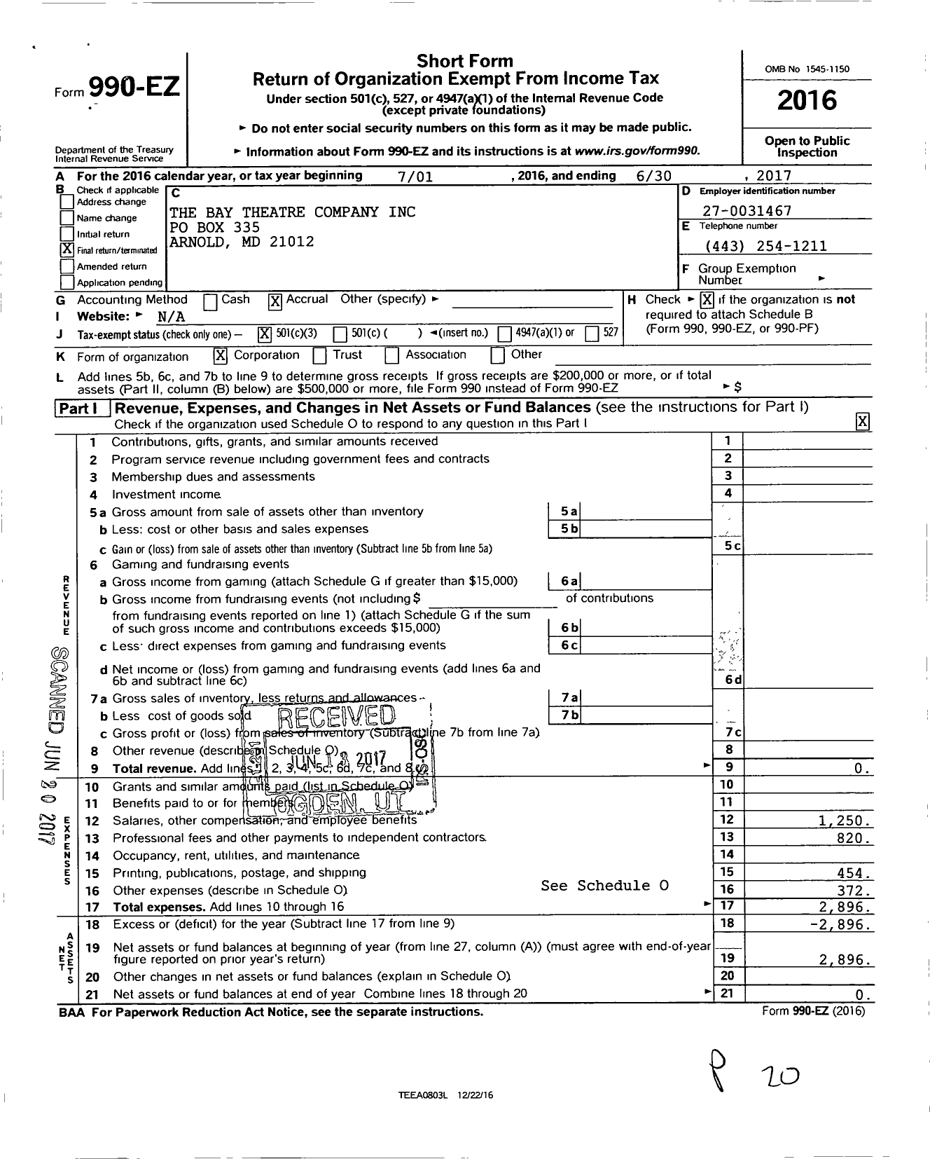 Image of first page of 2016 Form 990EZ for Bay Theatre Company