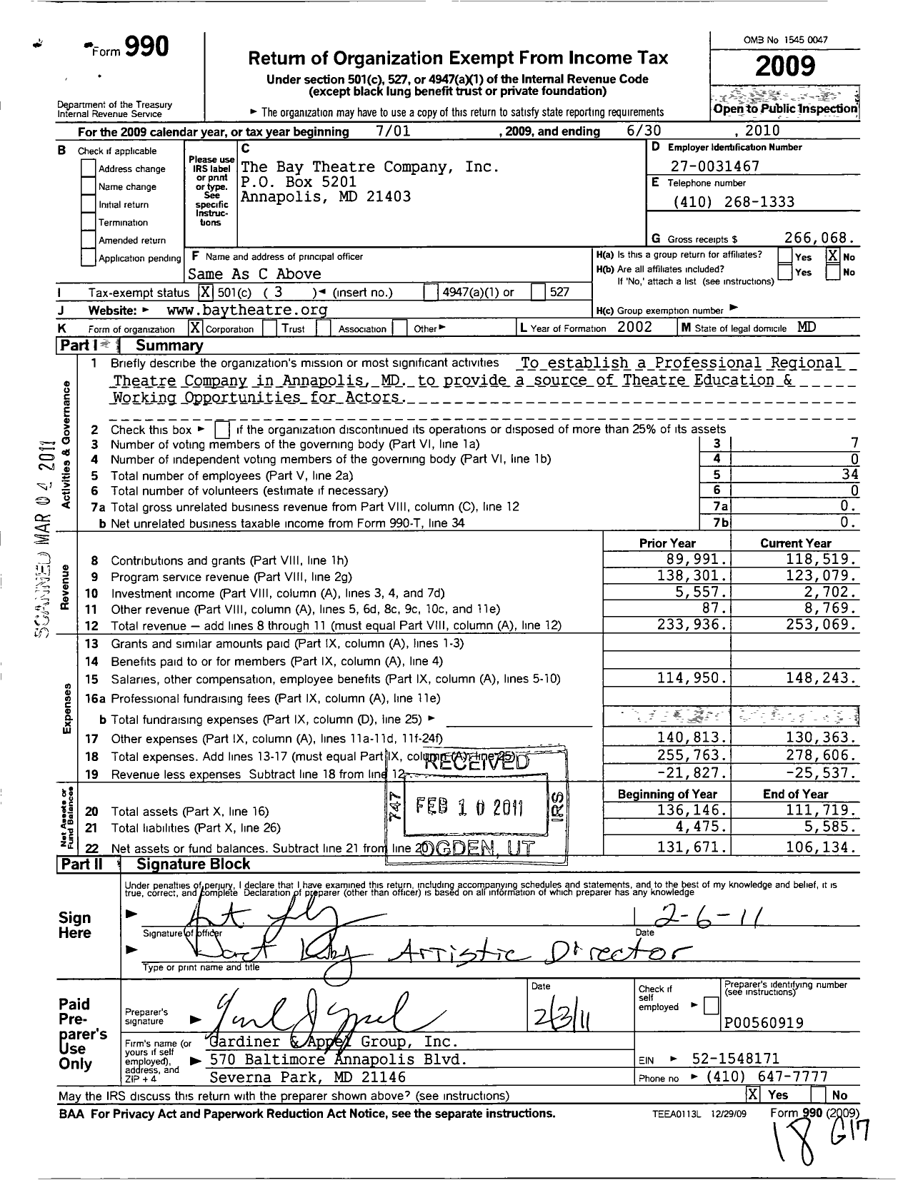 Image of first page of 2009 Form 990 for Bay Theatre Company