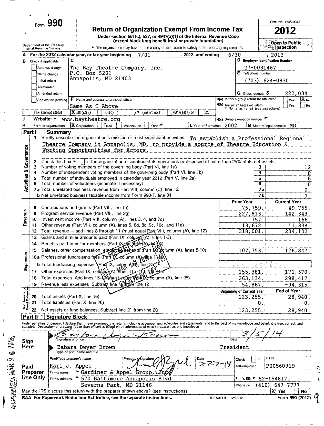 Image of first page of 2012 Form 990 for Bay Theatre Company