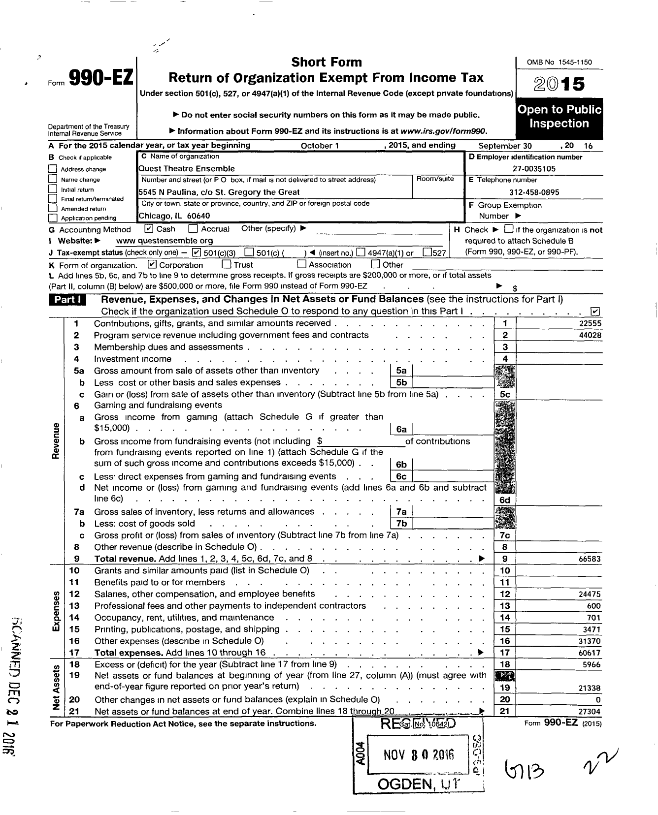 Image of first page of 2015 Form 990EZ for Quest Theatre Ensemble