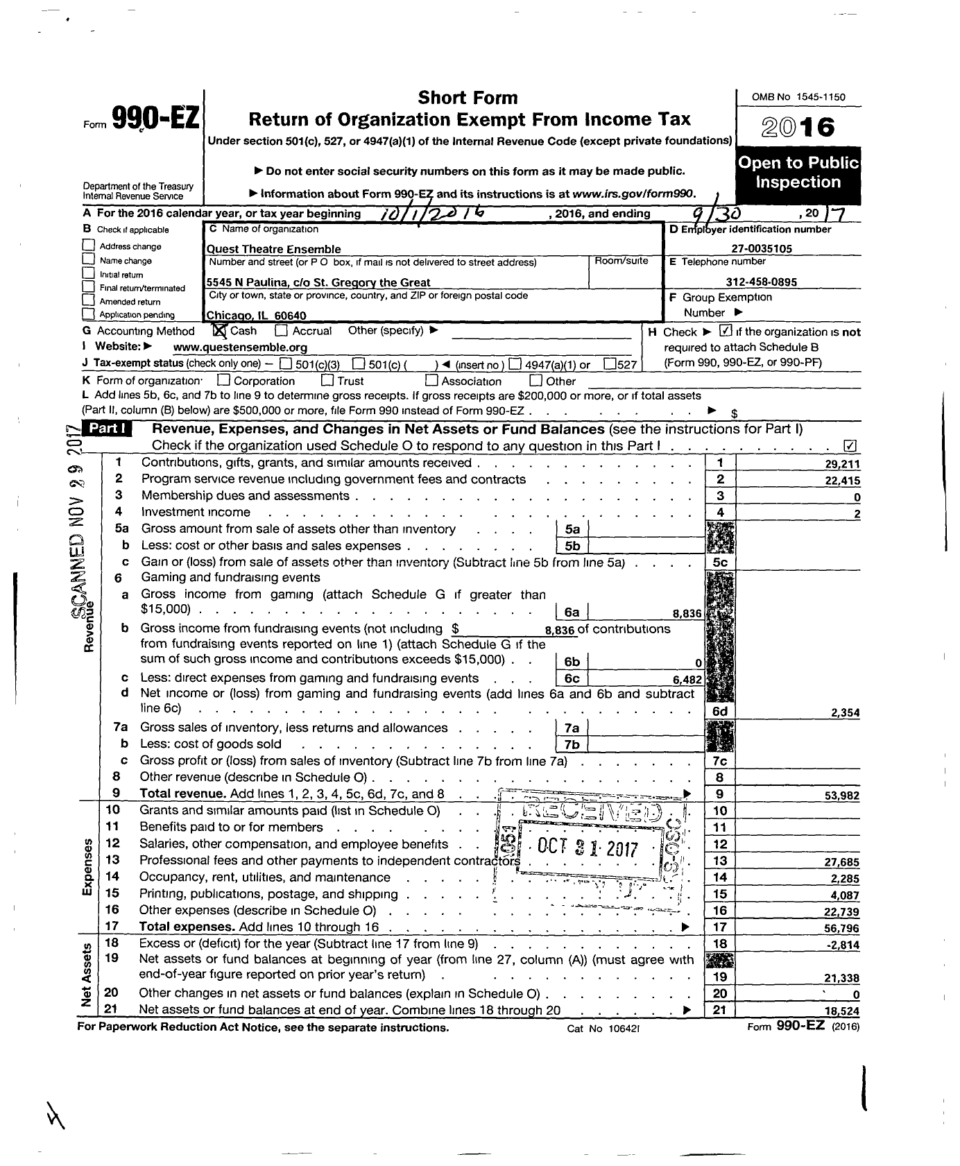 Image of first page of 2016 Form 990EO for Quest Theatre Ensemble