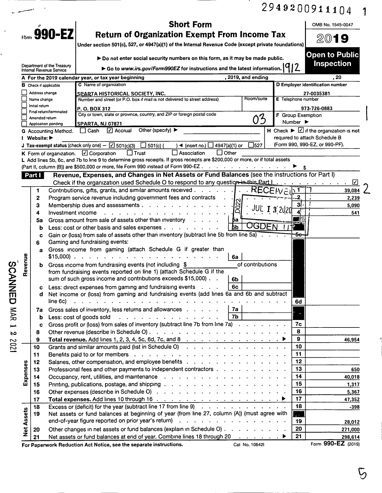 Image of first page of 2019 Form 990EZ for Sparta Historical Society