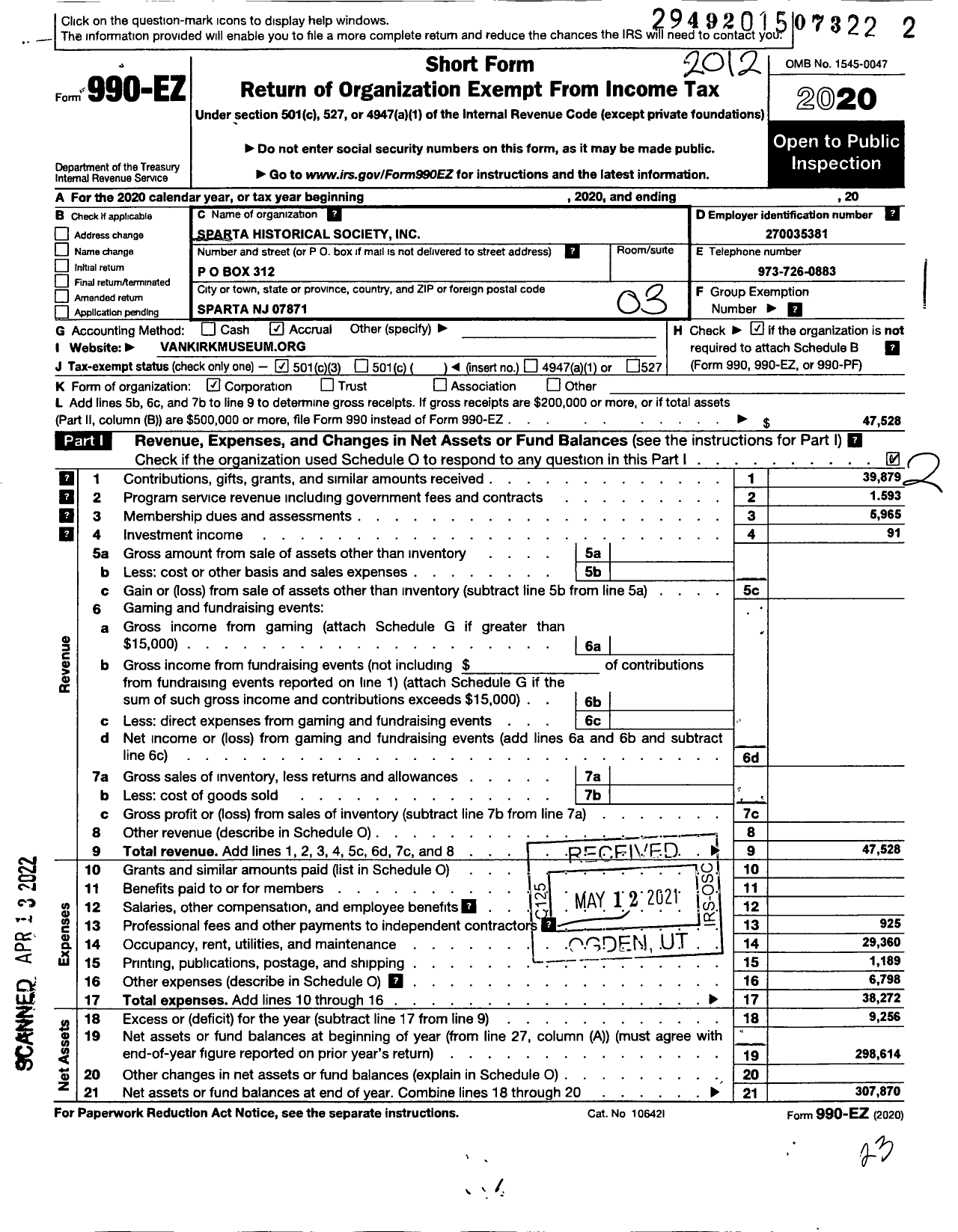 Image of first page of 2020 Form 990EZ for Sparta Historical Society