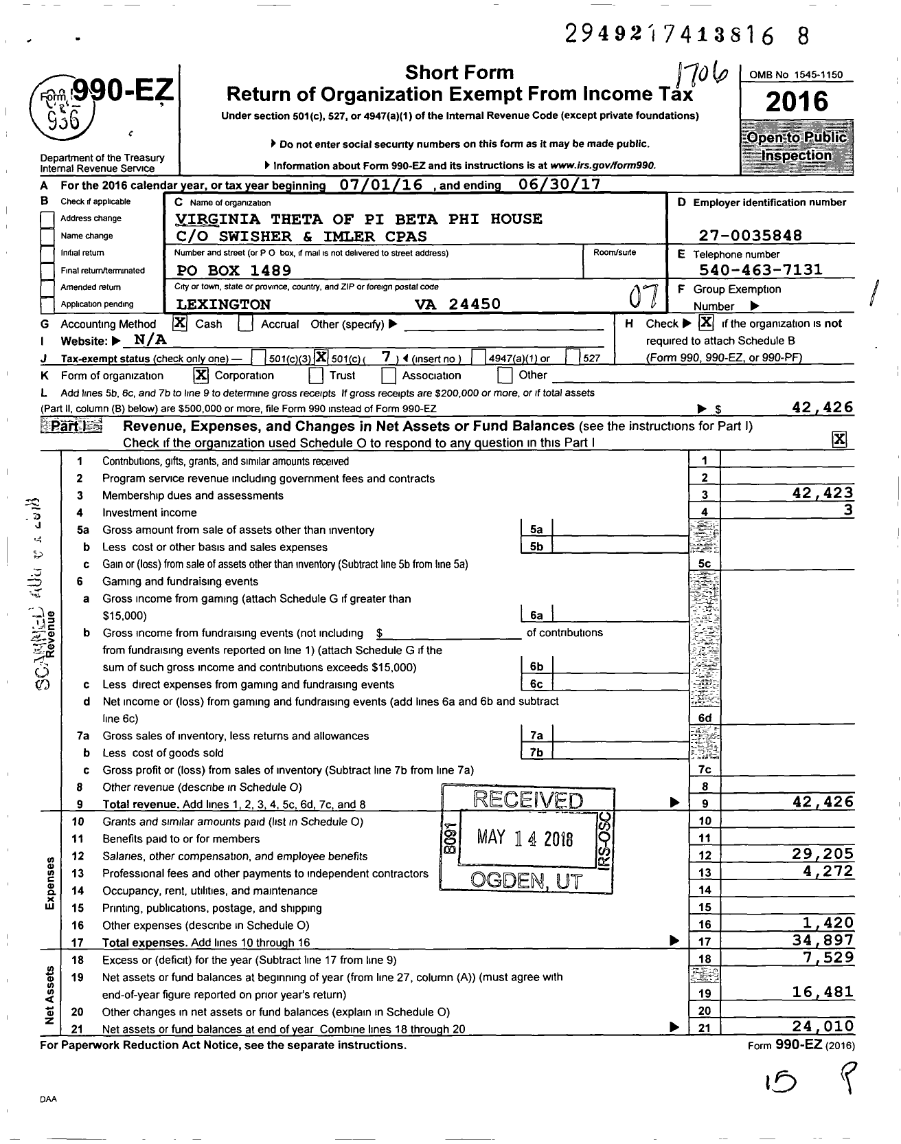 Image of first page of 2016 Form 990EO for Virginia Theta of Pi Beta Phi House Corporation