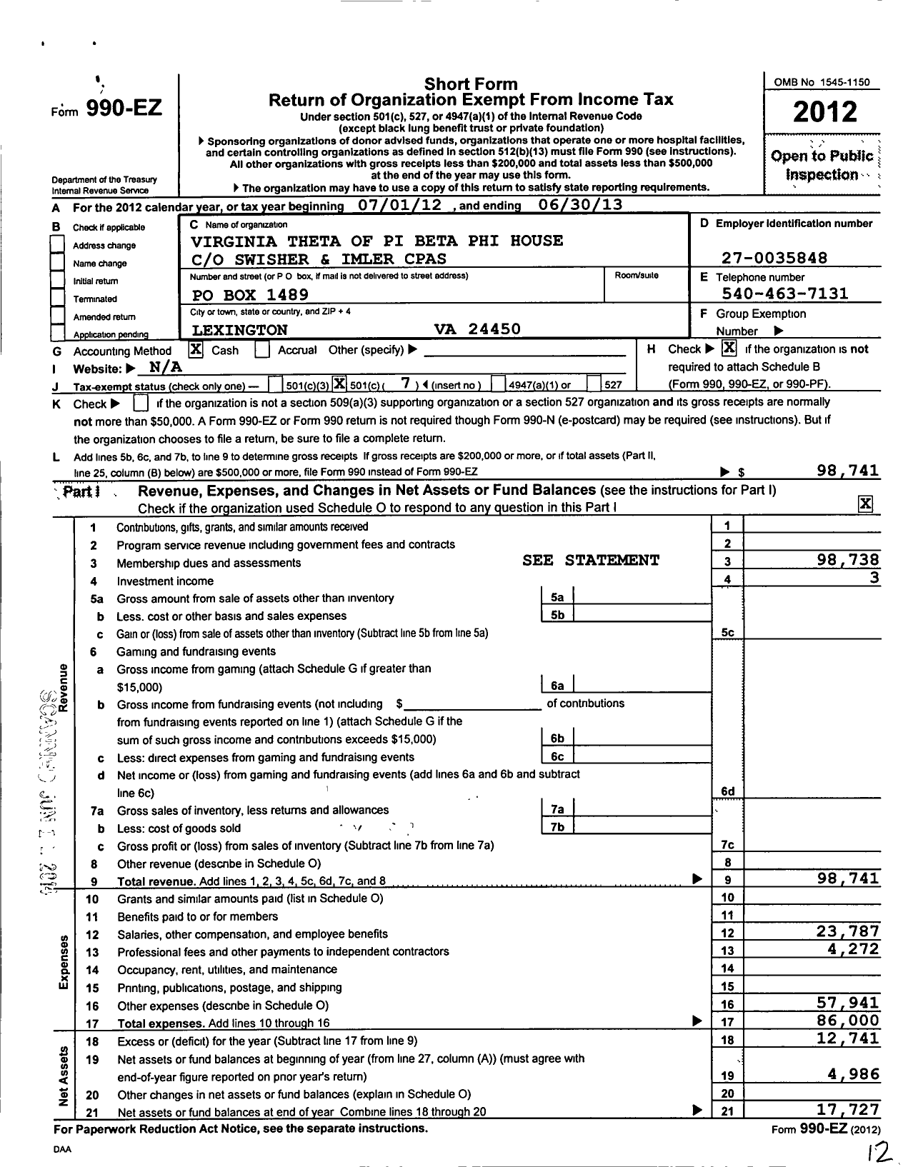 Image of first page of 2012 Form 990EO for Virginia Theta of Pi Beta Phi House Corporation