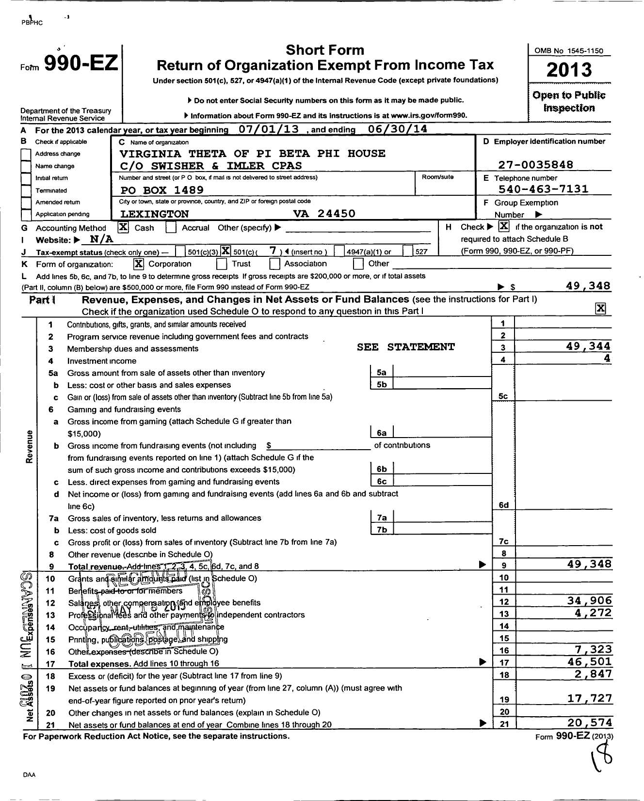 Image of first page of 2013 Form 990EO for Virginia Theta of Pi Beta Phi House Corporation