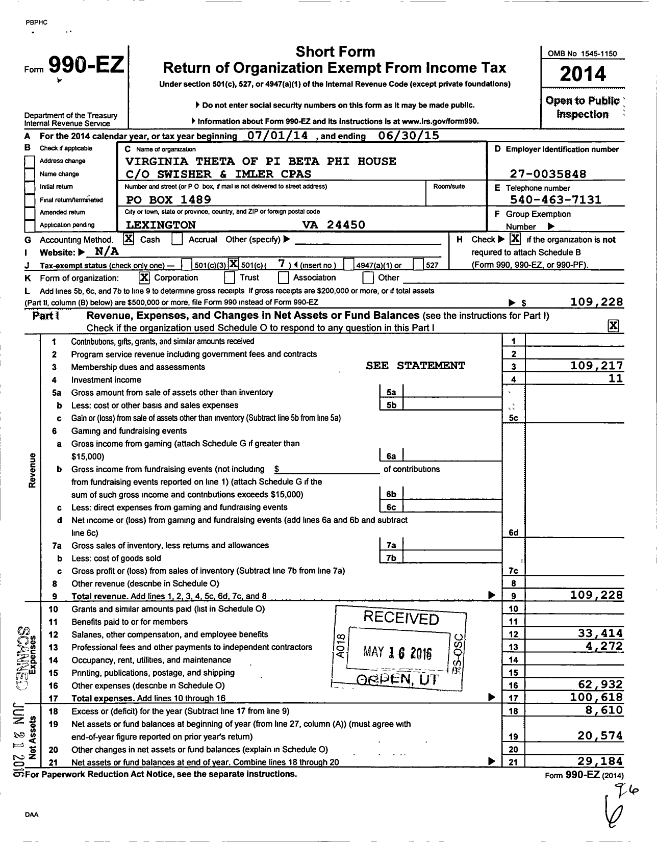 Image of first page of 2014 Form 990EO for Virginia Theta of Pi Beta Phi House Corporation