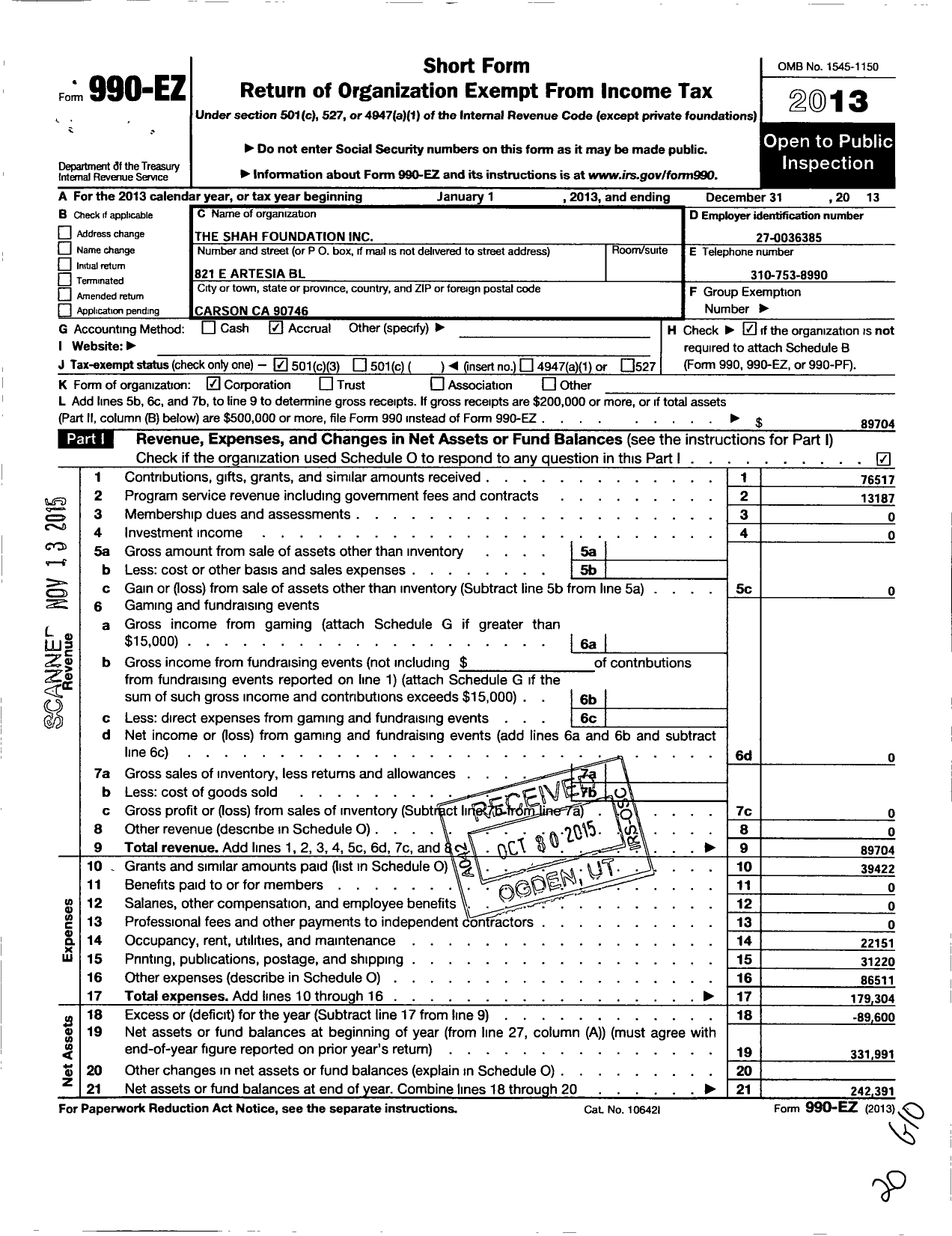 Image of first page of 2013 Form 990EZ for The Shah Foundation