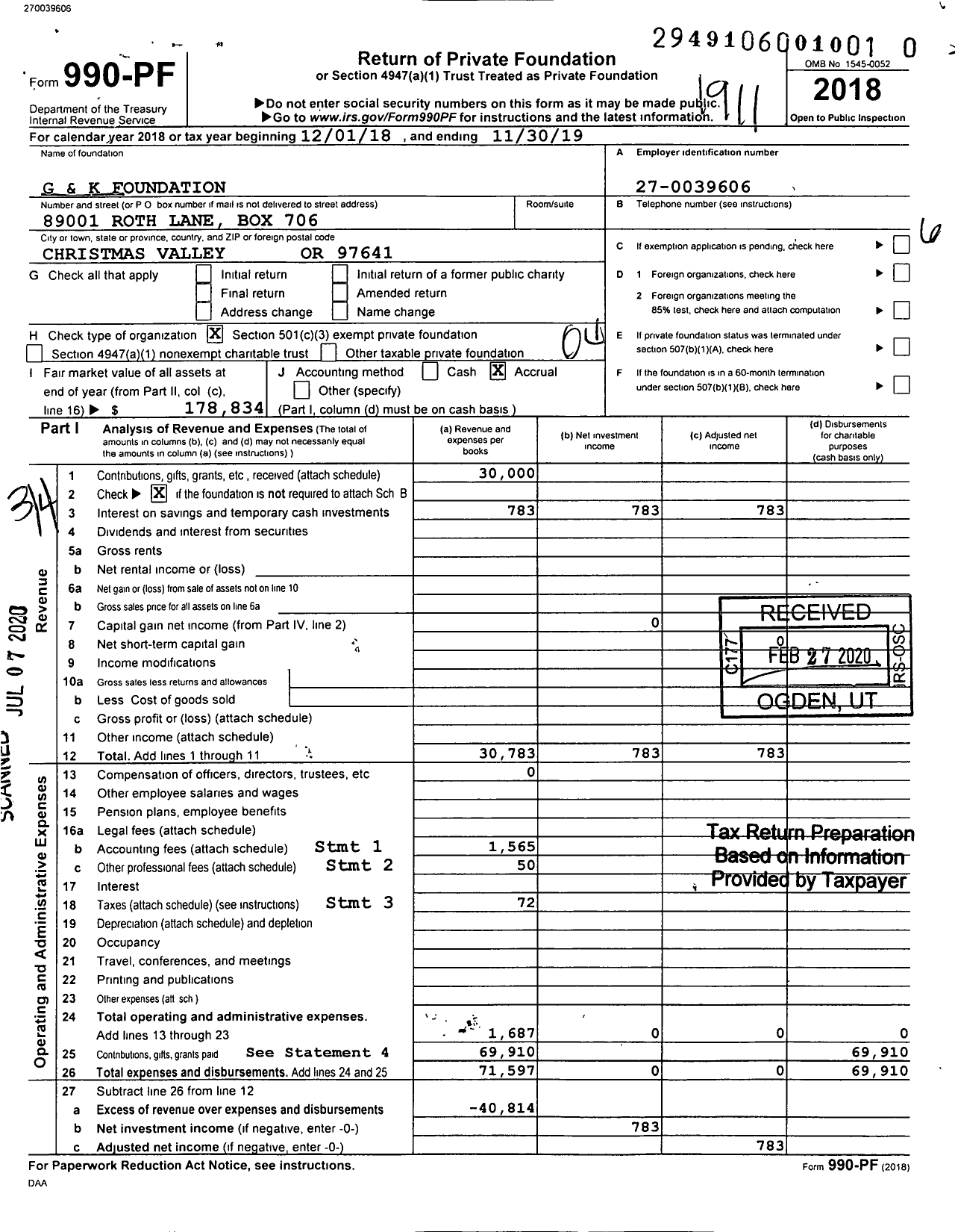 Image of first page of 2018 Form 990PR for G&K Foundation