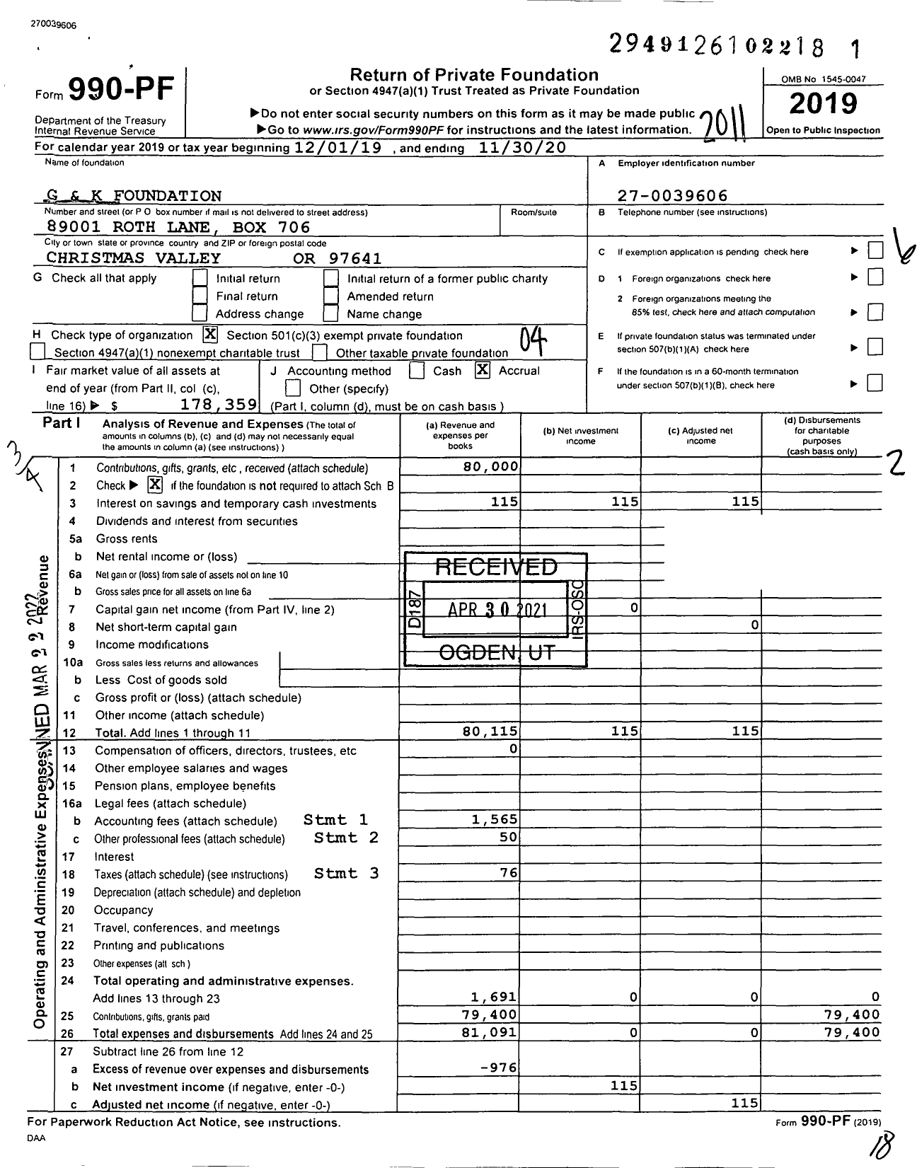 Image of first page of 2019 Form 990PF for G&K Foundation