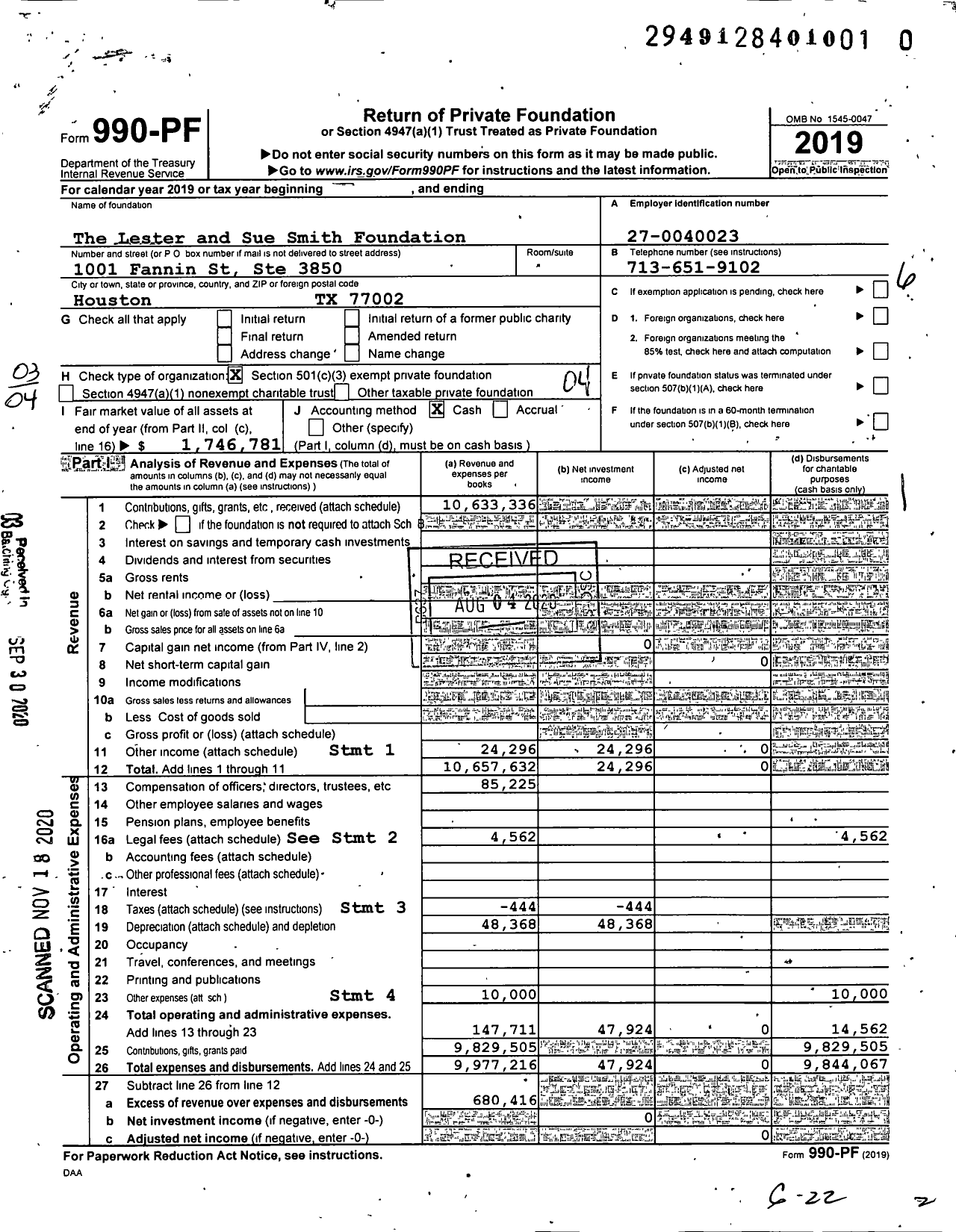 Image of first page of 2019 Form 990PF for Lester and Sue Smith Foundation