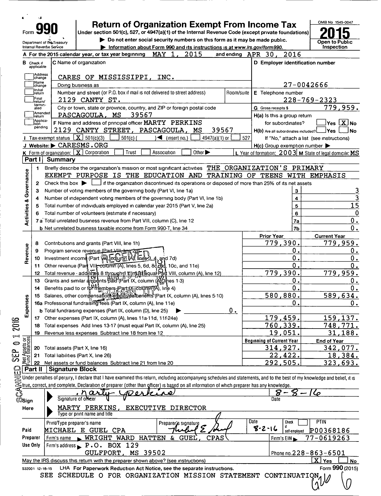 Image of first page of 2015 Form 990 for Cares of Mississippi