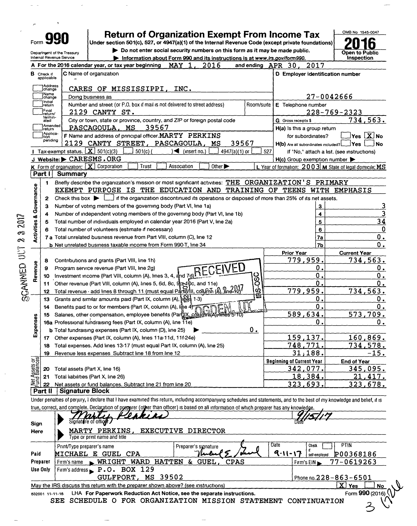 Image of first page of 2016 Form 990 for Cares of Mississippi