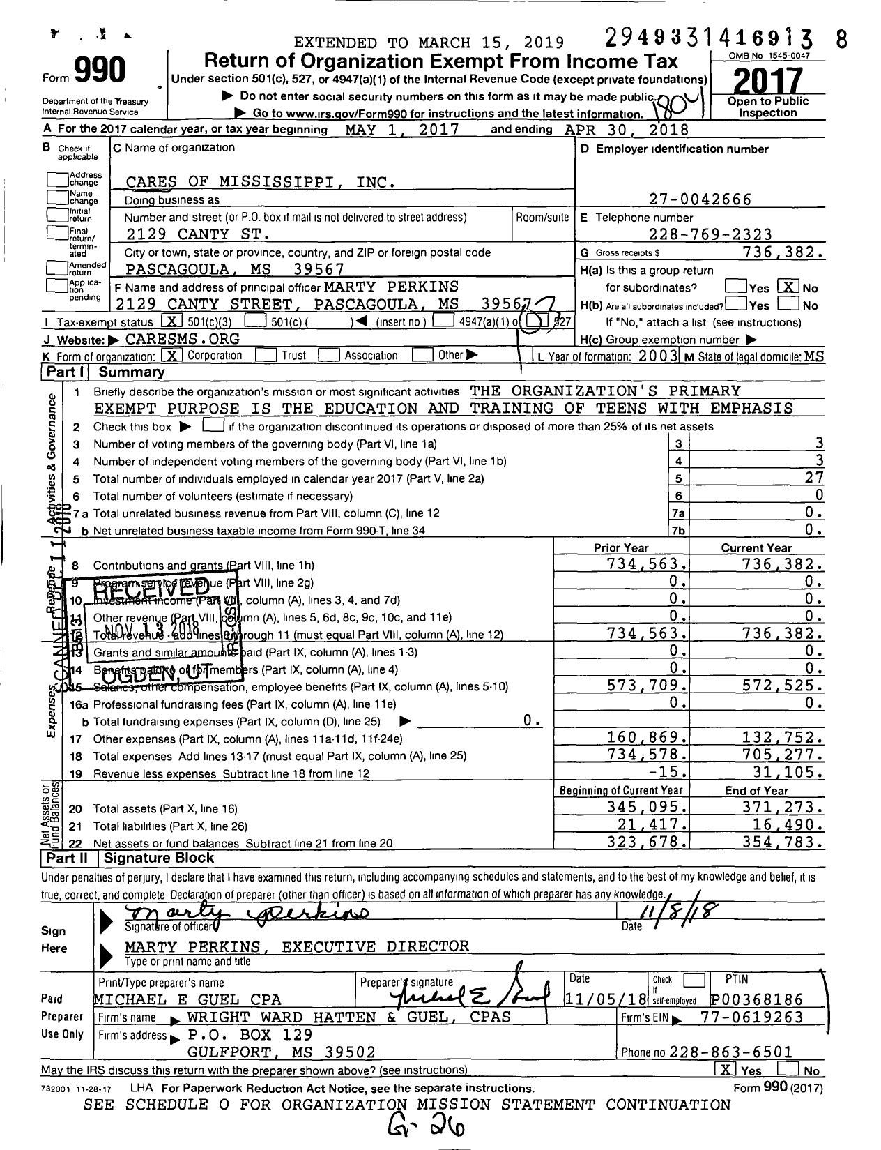 Image of first page of 2017 Form 990 for Cares of Mississippi