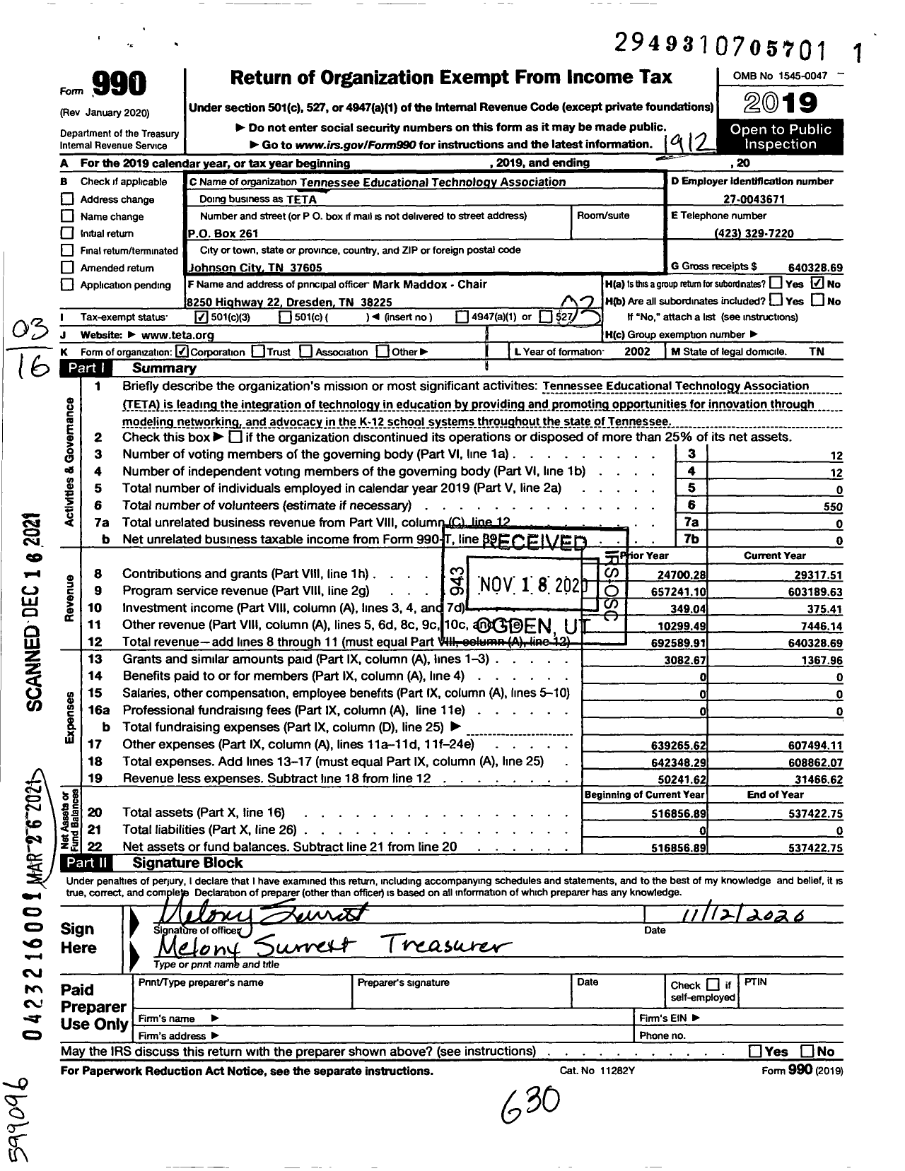 Image of first page of 2019 Form 990 for Tennessee Educational Technology Association (TETA)