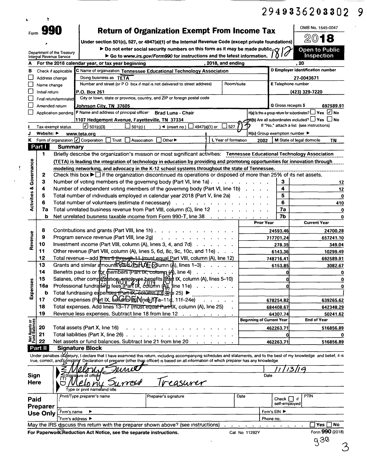 Image of first page of 2018 Form 990 for Tennessee Educational Technology Association (TETA)