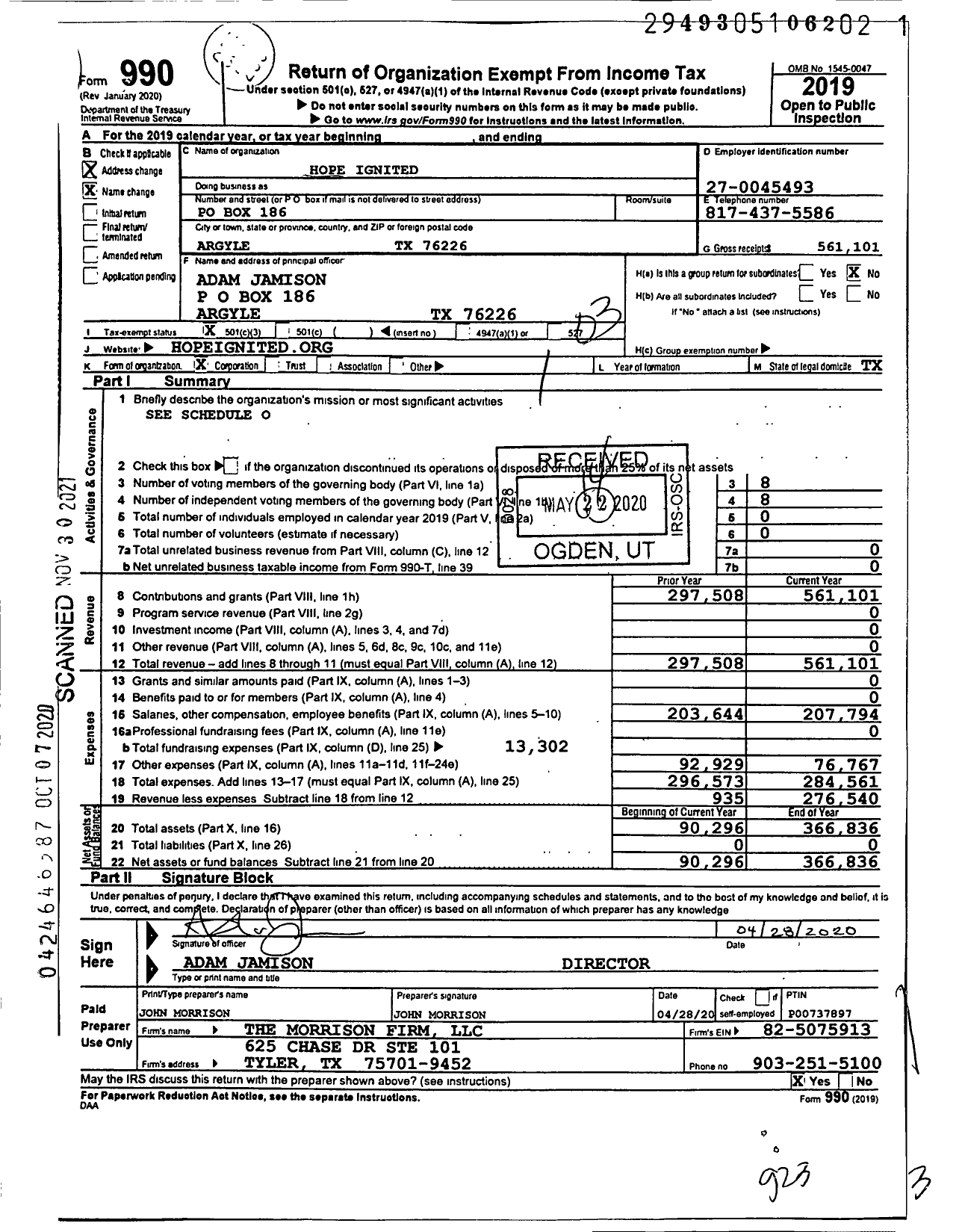 Image of first page of 2019 Form 990 for Hope Ignited