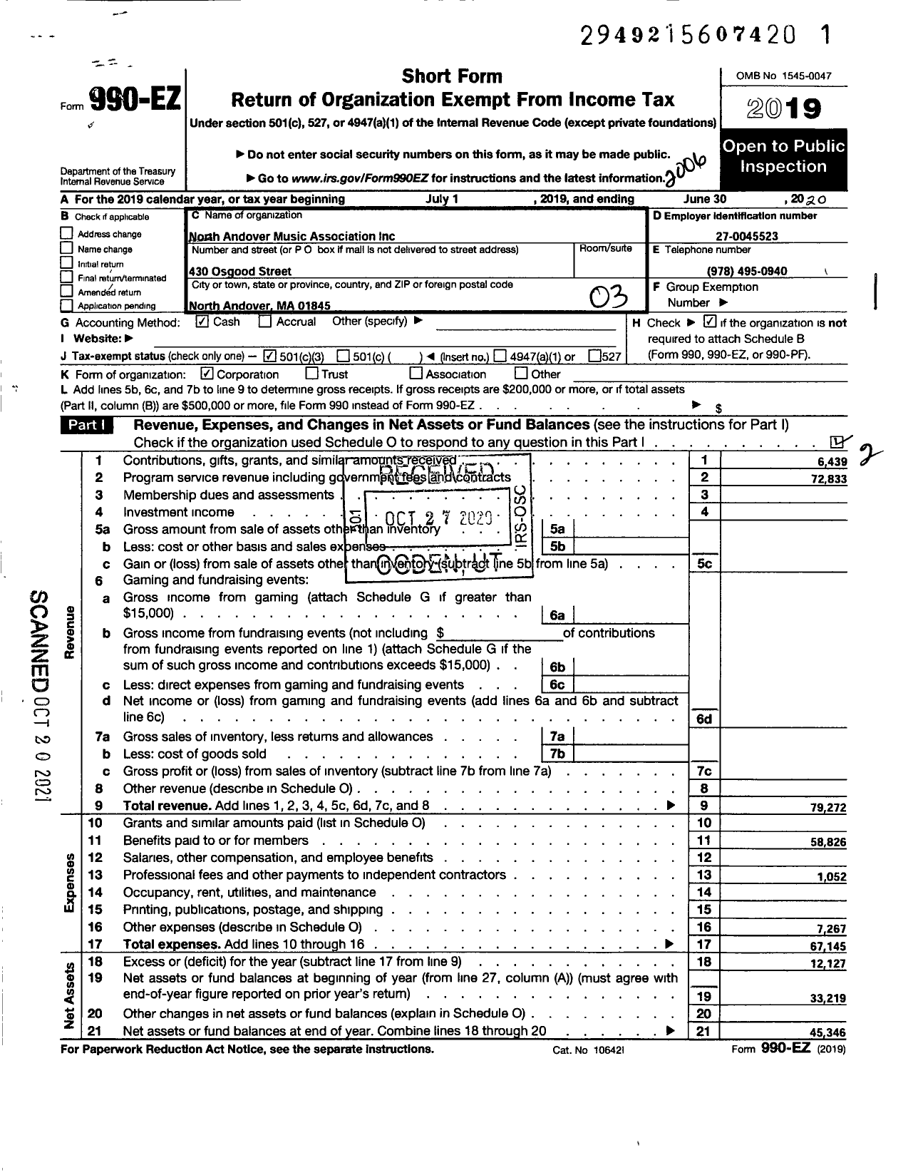 Image of first page of 2019 Form 990EZ for North Andover Music Association