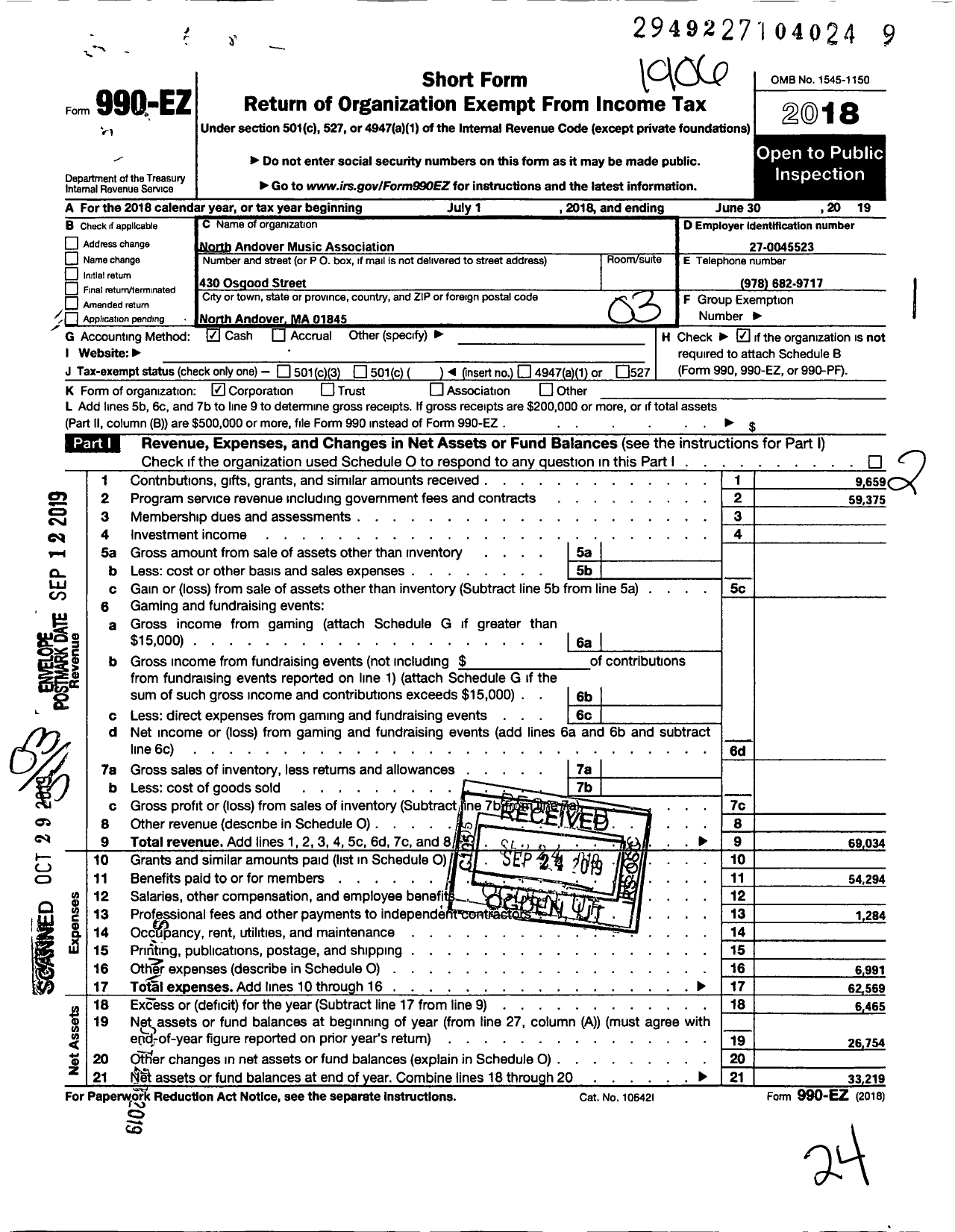 Image of first page of 2018 Form 990EZ for North Andover Music Association