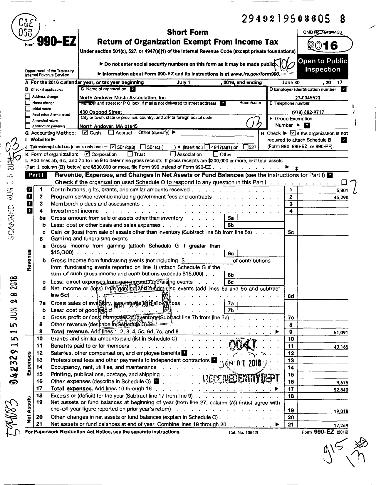 Image of first page of 2016 Form 990EZ for North Andover Music Association