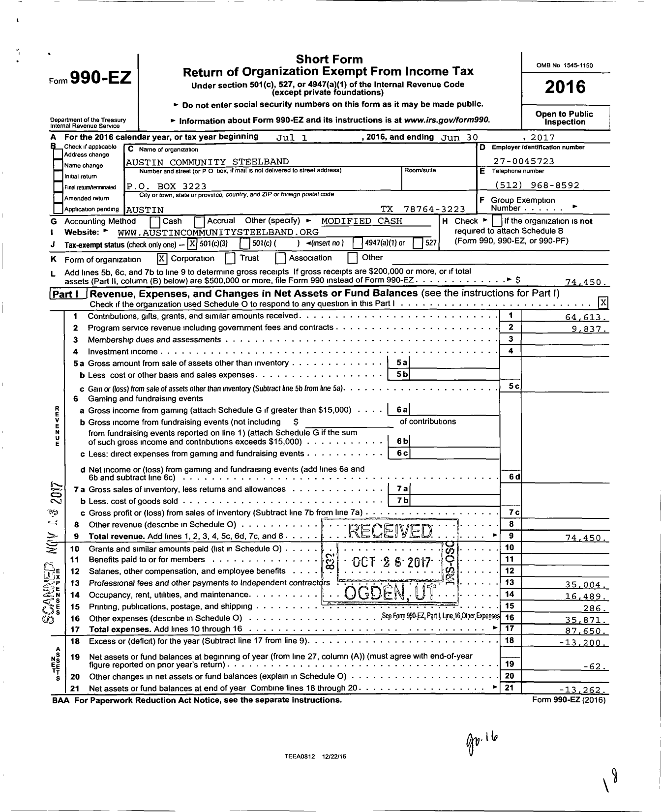 Image of first page of 2016 Form 990EZ for Austin Community Steelband