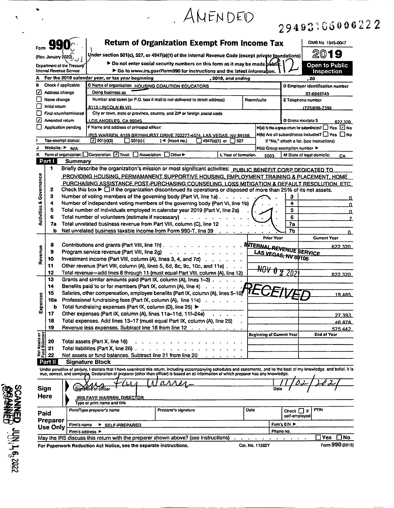 Image of first page of 2019 Form 990 for Housing Coalition Educators