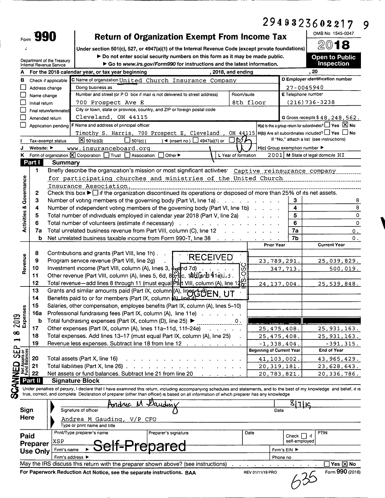 Image of first page of 2018 Form 990 for United Church Insurance Company