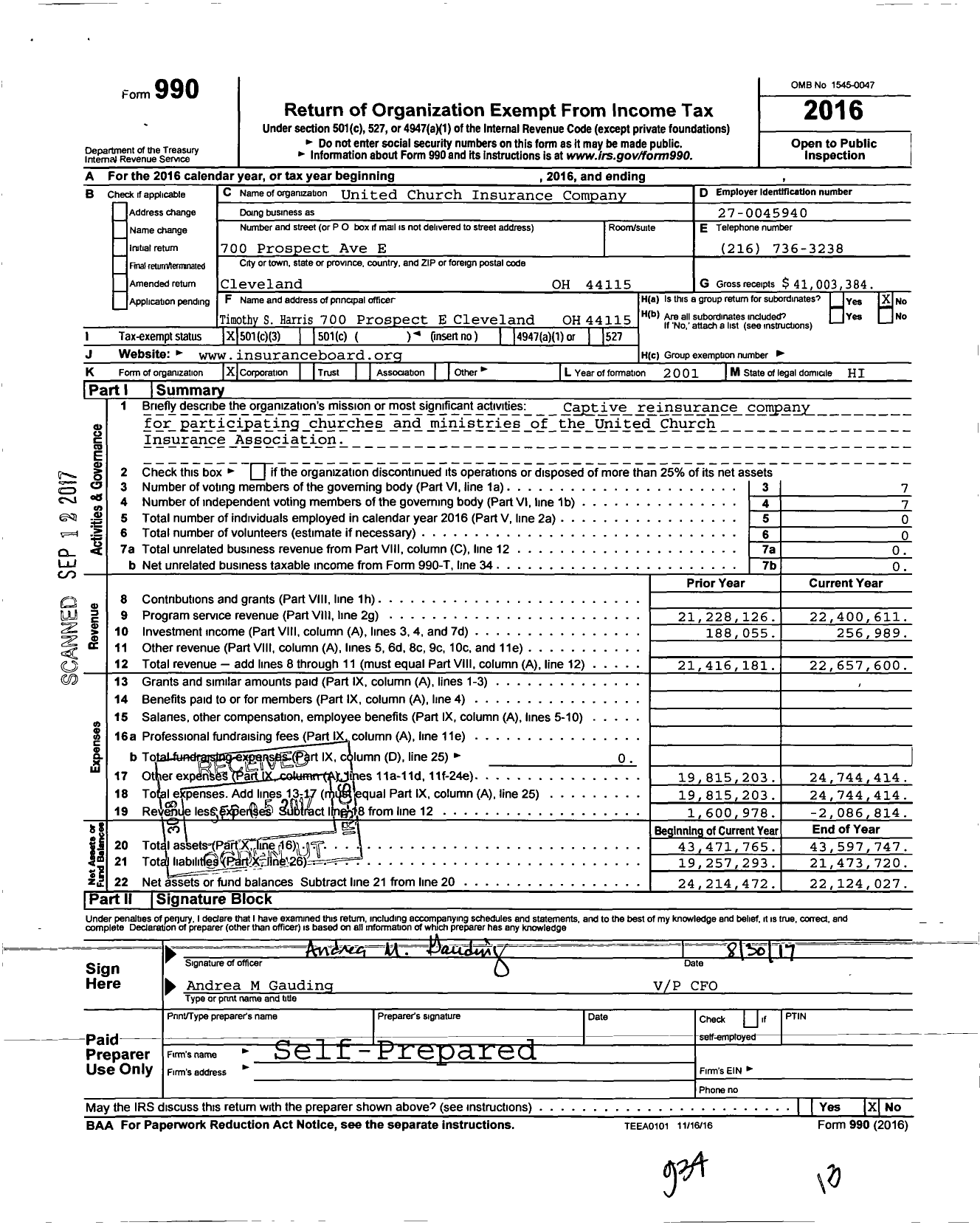 Image of first page of 2016 Form 990 for United Church Insurance Company