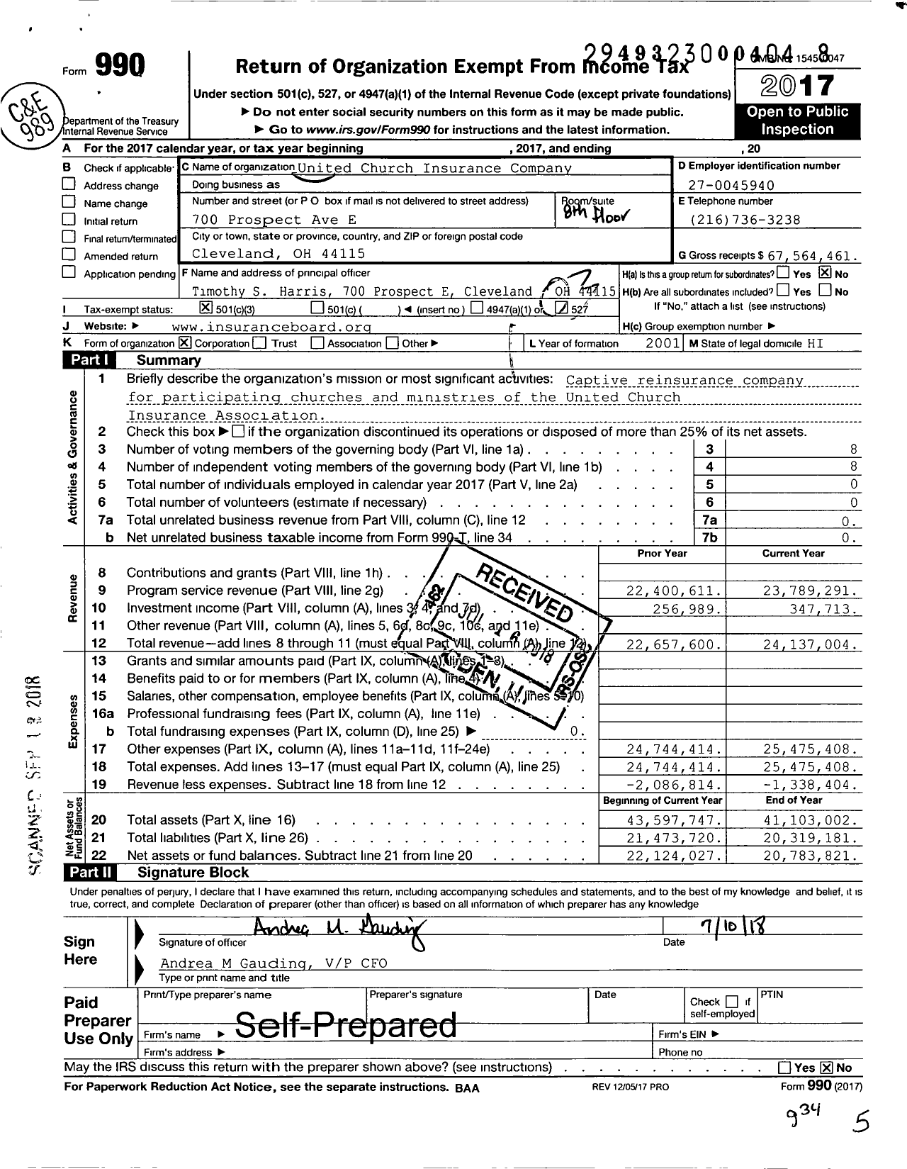 Image of first page of 2017 Form 990 for United Church Insurance Company