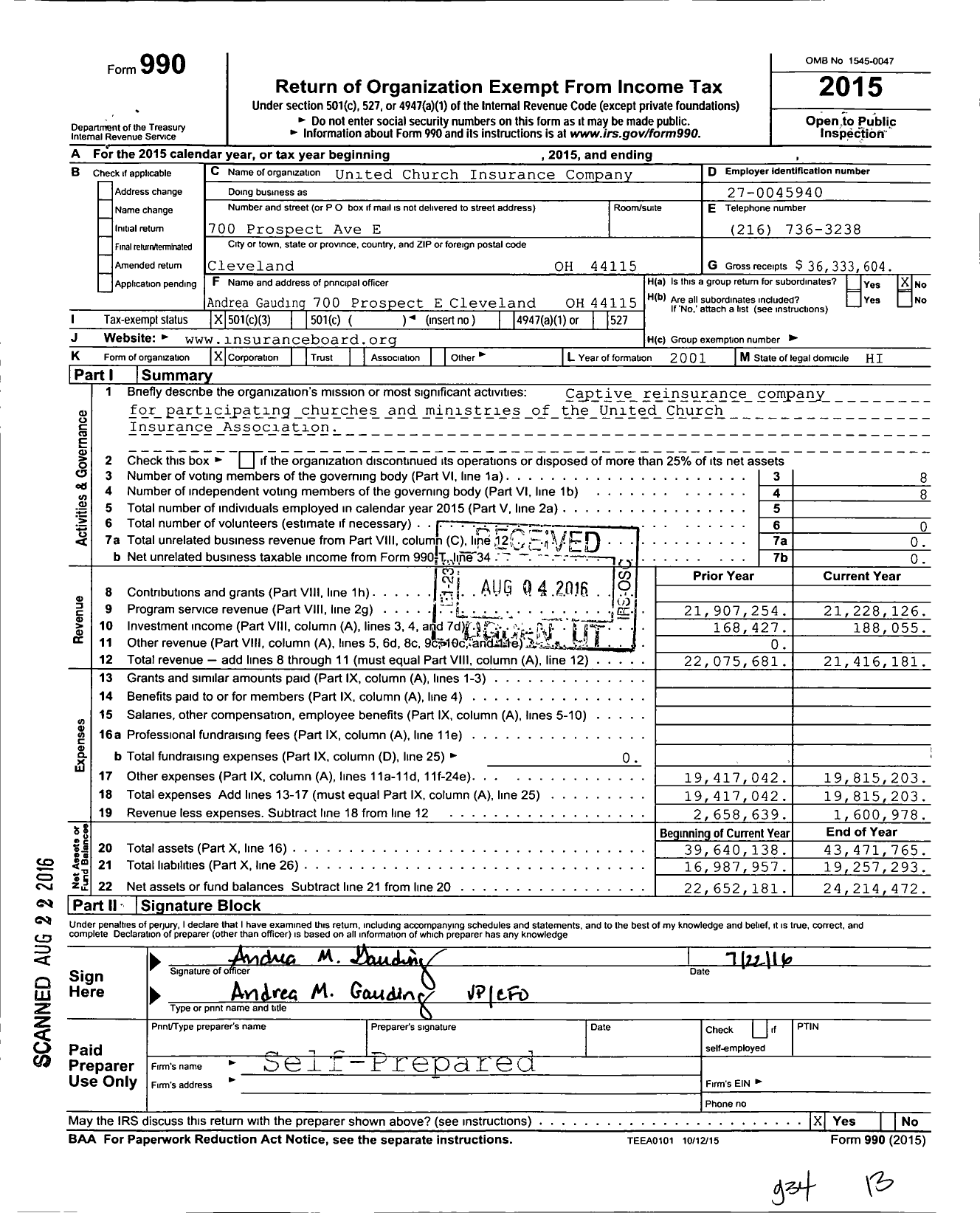 Image of first page of 2015 Form 990 for United Church Insurance Company