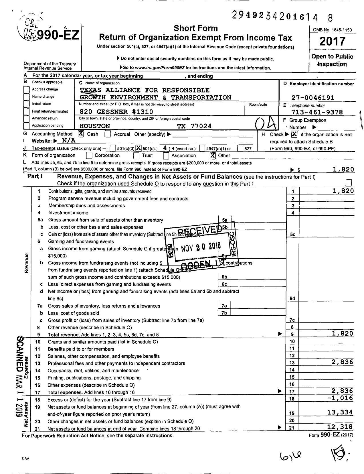 Image of first page of 2017 Form 990EO for Texas Alliance for Responsible Growth Environment Transportation (TARGET)