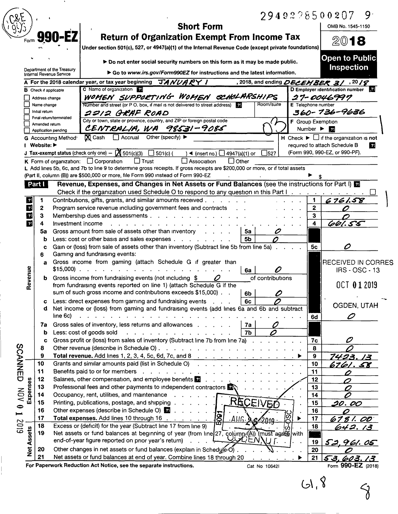 Image of first page of 2018 Form 990EZ for Women Supporting Women Scholerships