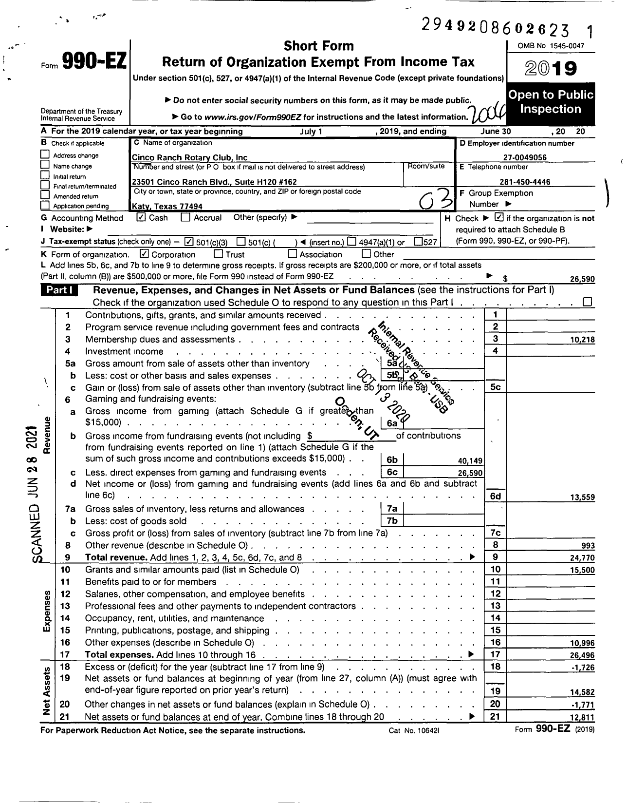 Image of first page of 2019 Form 990EZ for Cinco Ranch Rotary Club